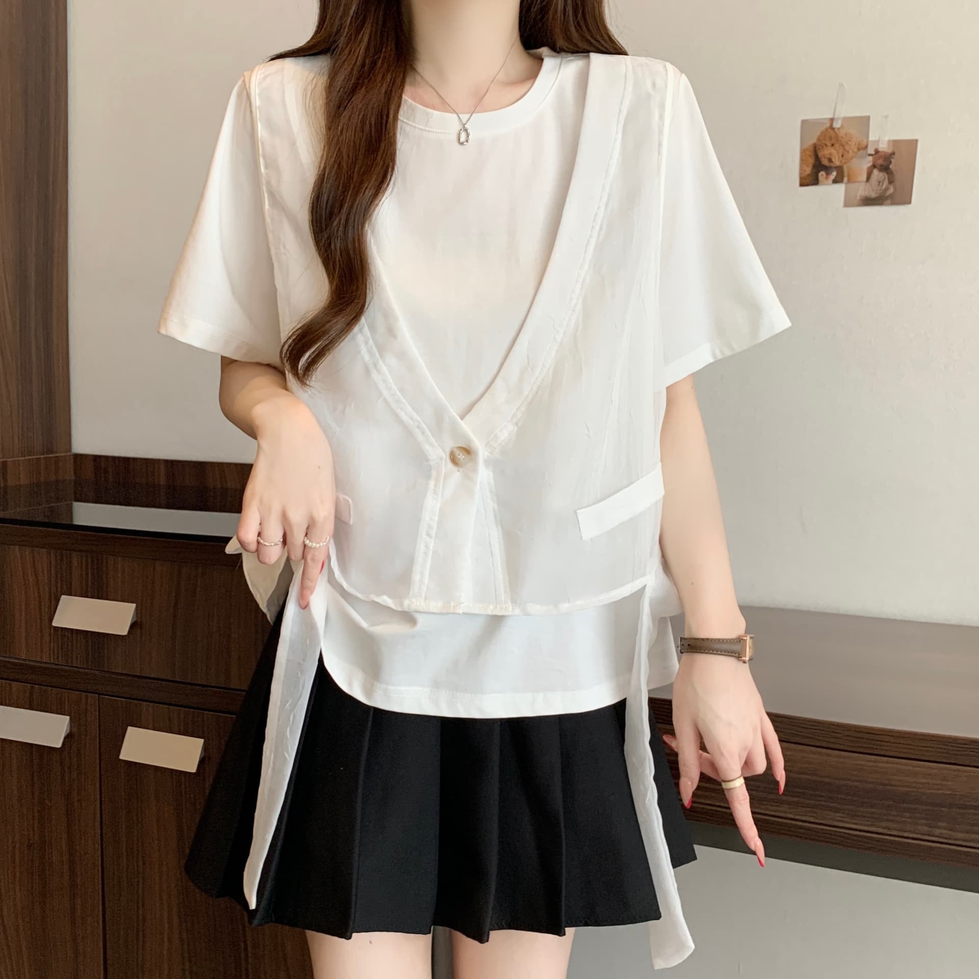 지방 mm 고유 한 슈퍼 잘 생긴 Tulle 베스트 조끼 페이크 레이어드 반팔 티셔츠 루즈핏 맨위 여성 2026 여름 새로운 상세 이미지 8