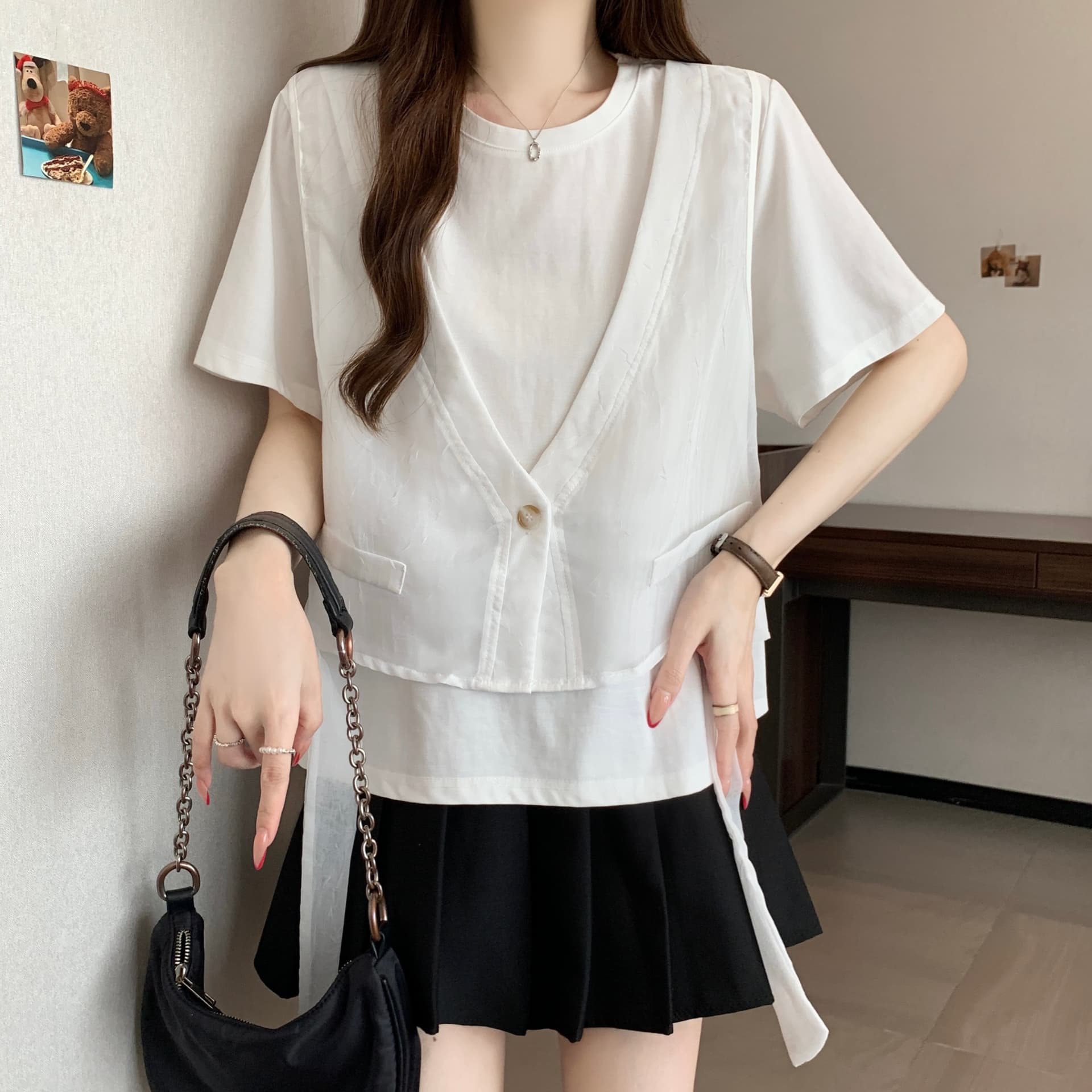 지방 mm 고유 한 슈퍼 잘 생긴 Tulle 베스트 조끼 페이크 레이어드 반팔 티셔츠 루즈핏 맨위 여성 2026 여름 새로운 상세 이미지 9