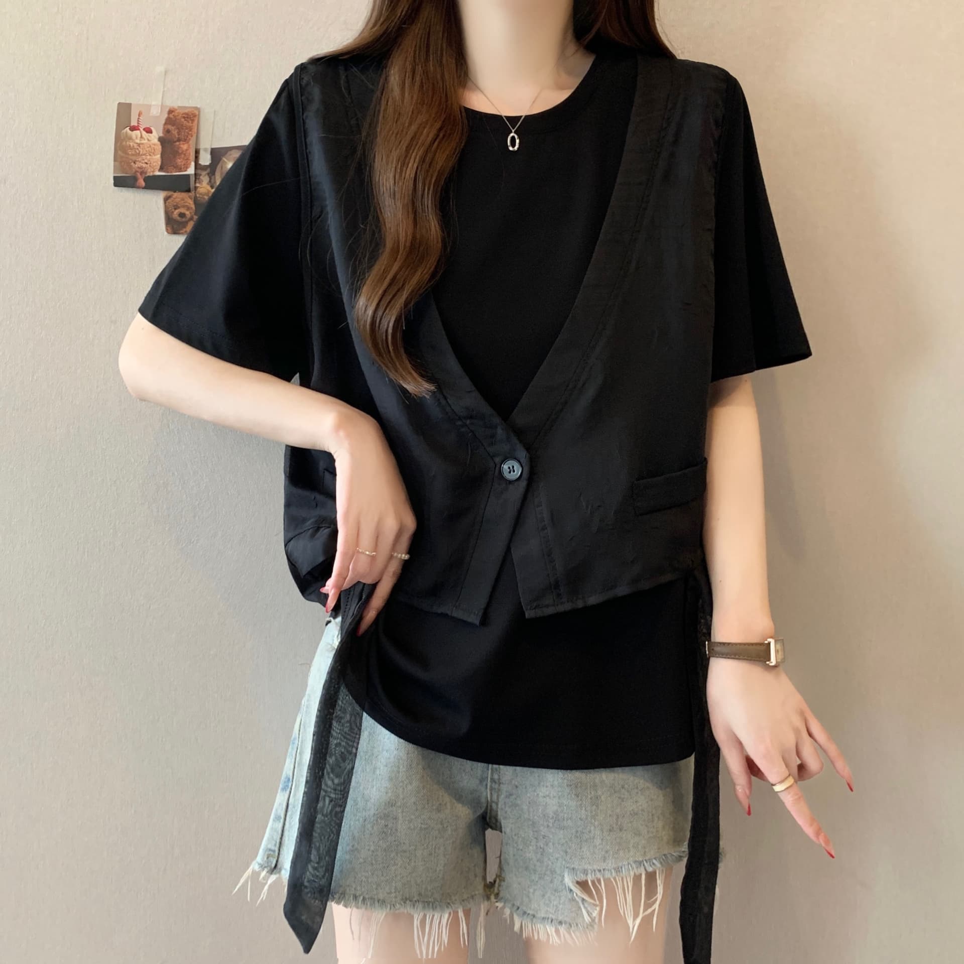 지방 mm 고유 한 슈퍼 잘 생긴 Tulle 베스트 조끼 페이크 레이어드 반팔 티셔츠 루즈핏 맨위 여성 2026 여름 새로운 상세 이미지 12