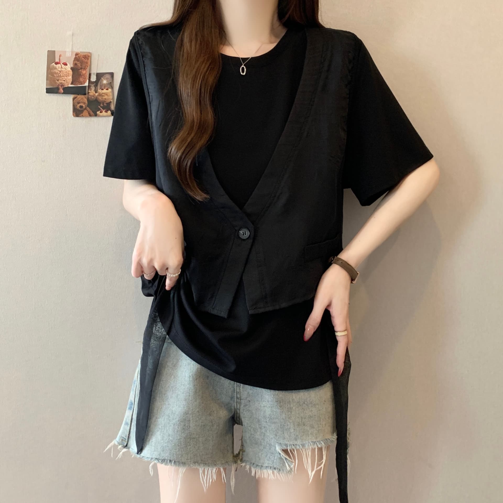 지방 mm 고유 한 슈퍼 잘 생긴 Tulle 베스트 조끼 페이크 레이어드 반팔 티셔츠 루즈핏 맨위 여성 2026 여름 새로운 상세 이미지 13