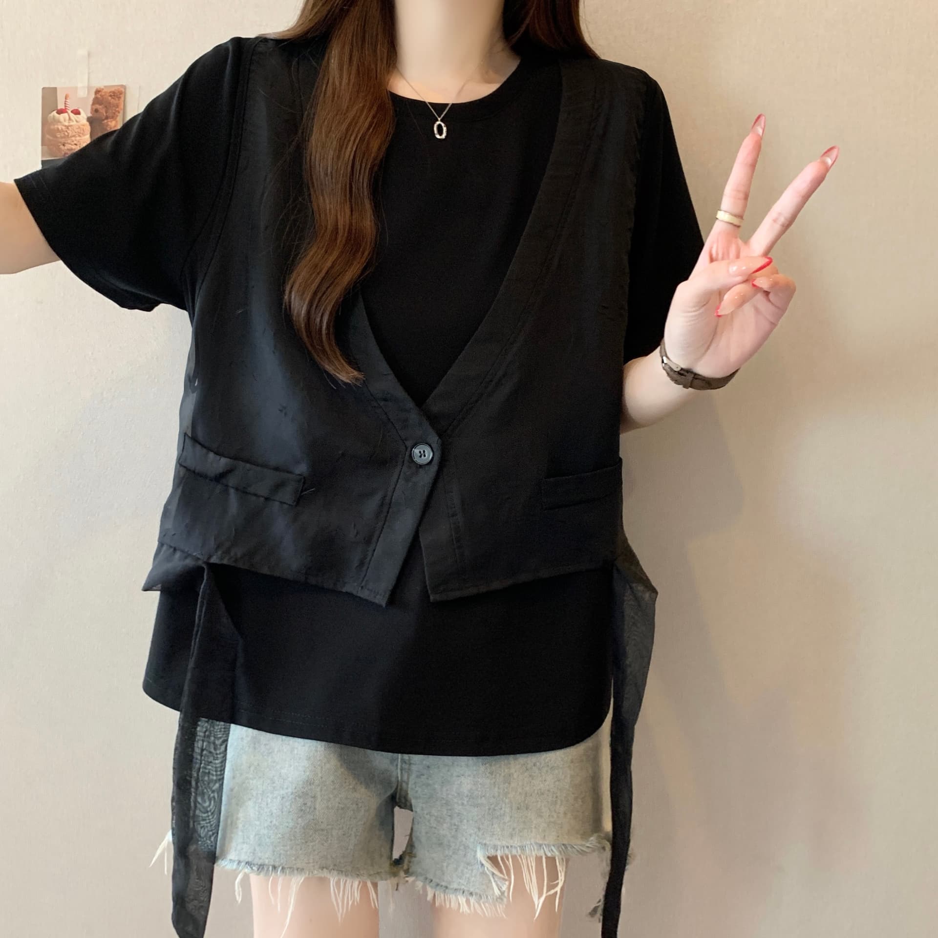 지방 mm 고유 한 슈퍼 잘 생긴 Tulle 베스트 조끼 페이크 레이어드 반팔 티셔츠 루즈핏 맨위 여성 2026 여름 새로운 상세 이미지 15