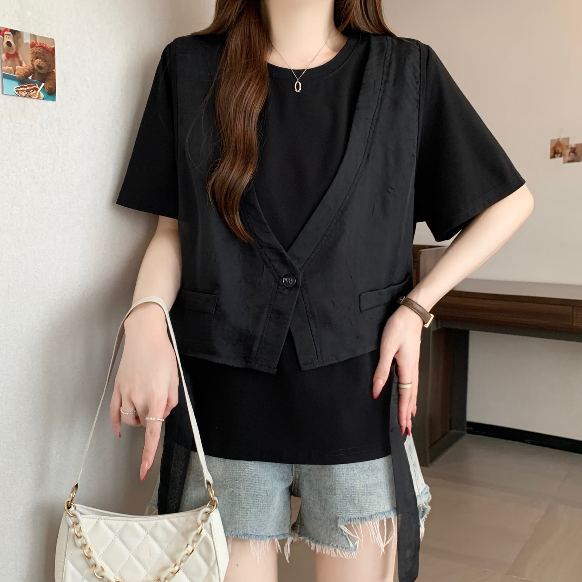 지방 mm 고유 한 슈퍼 잘 생긴 Tulle 베스트 조끼 페이크 레이어드 반팔 티셔츠 루즈핏 맨위 여성 2026 여름 새로운 상세 이미지 18