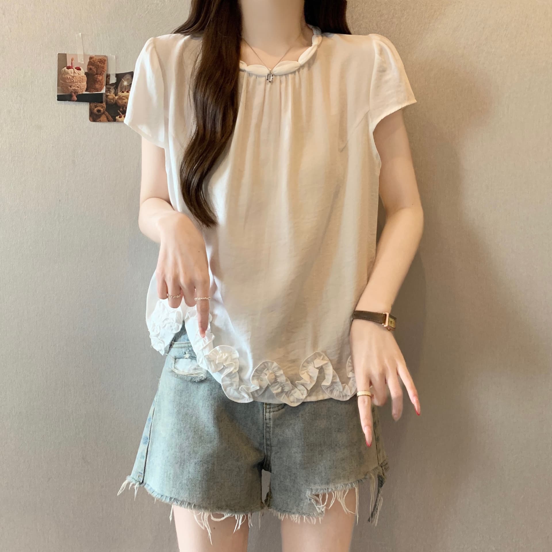 지방 mm 목이버섯 레이스 밑단 반팔 여성 셔츠 2026 새로운 루즈핏 슬림해 보이는 부드러운 바람 작은 셔츠 맨위 상세 이미지 5