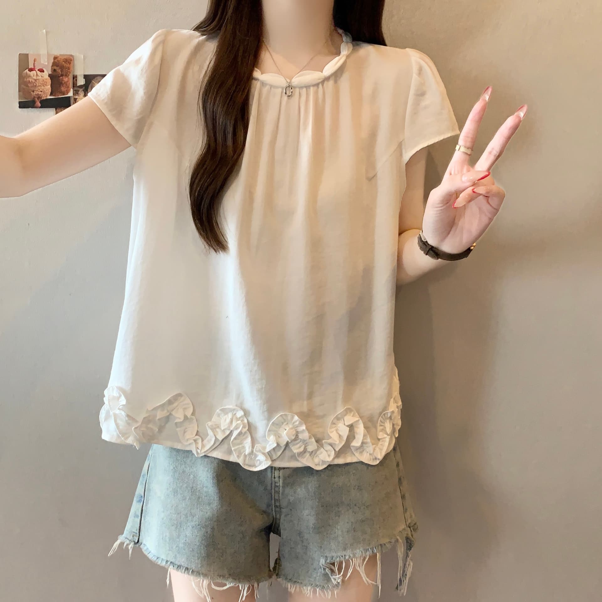 지방 mm 목이버섯 레이스 밑단 반팔 여성 셔츠 2026 새로운 루즈핏 슬림해 보이는 부드러운 바람 작은 셔츠 맨위 상세 이미지 6