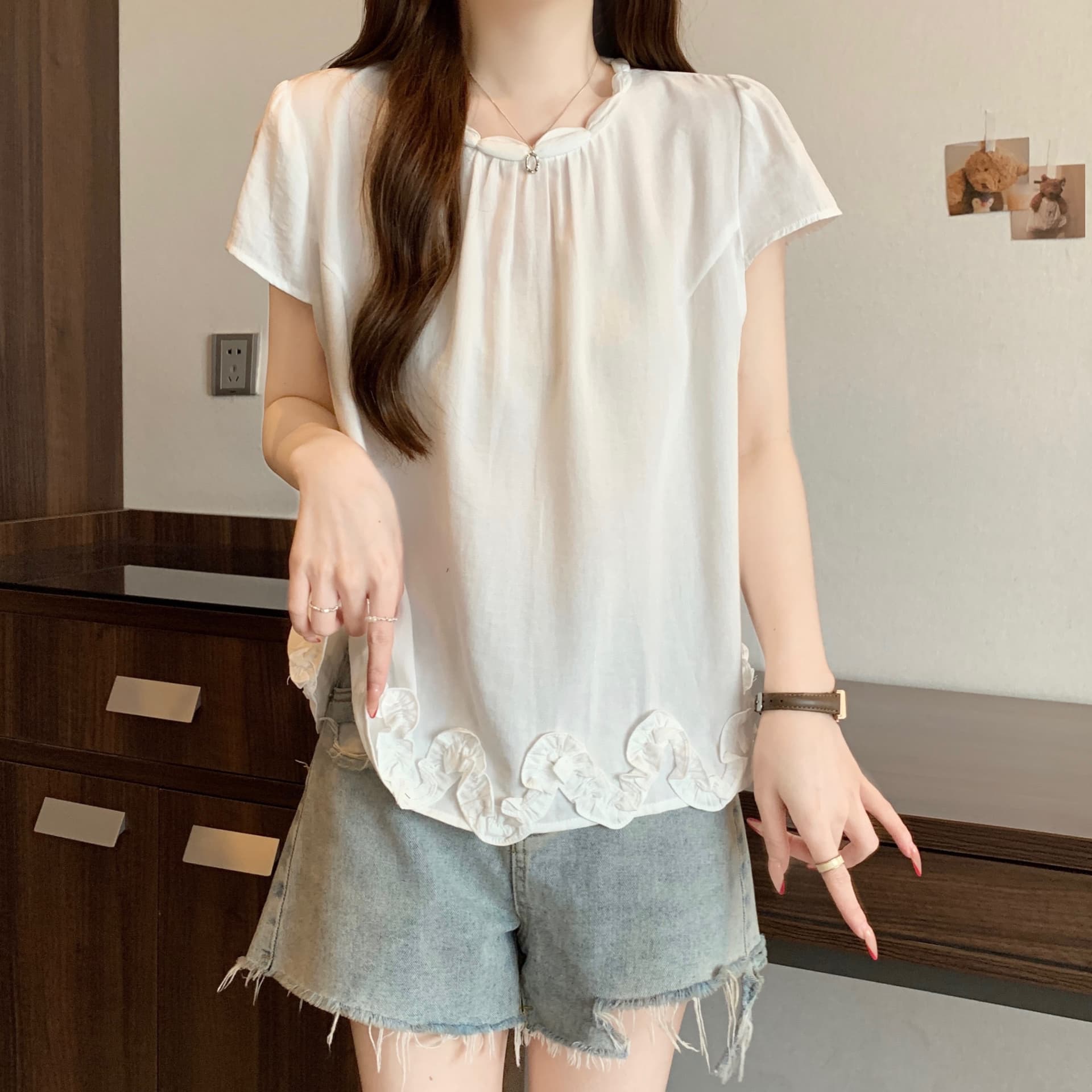 지방 mm 목이버섯 레이스 밑단 반팔 여성 셔츠 2026 새로운 루즈핏 슬림해 보이는 부드러운 바람 작은 셔츠 맨위 상세 이미지 7