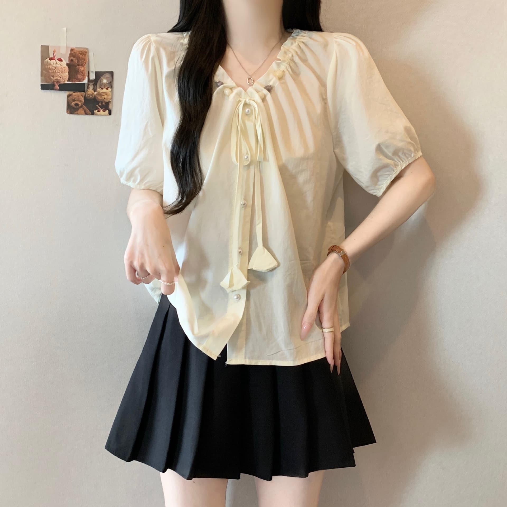 지방 mm 달콤함 귀여운 바람 프랑스식 거품 소매 여성 셔츠 여름 펌프 로프 장식 공 꽃 칼라 우아함 연령 감소 맨위 상세 이미지 13