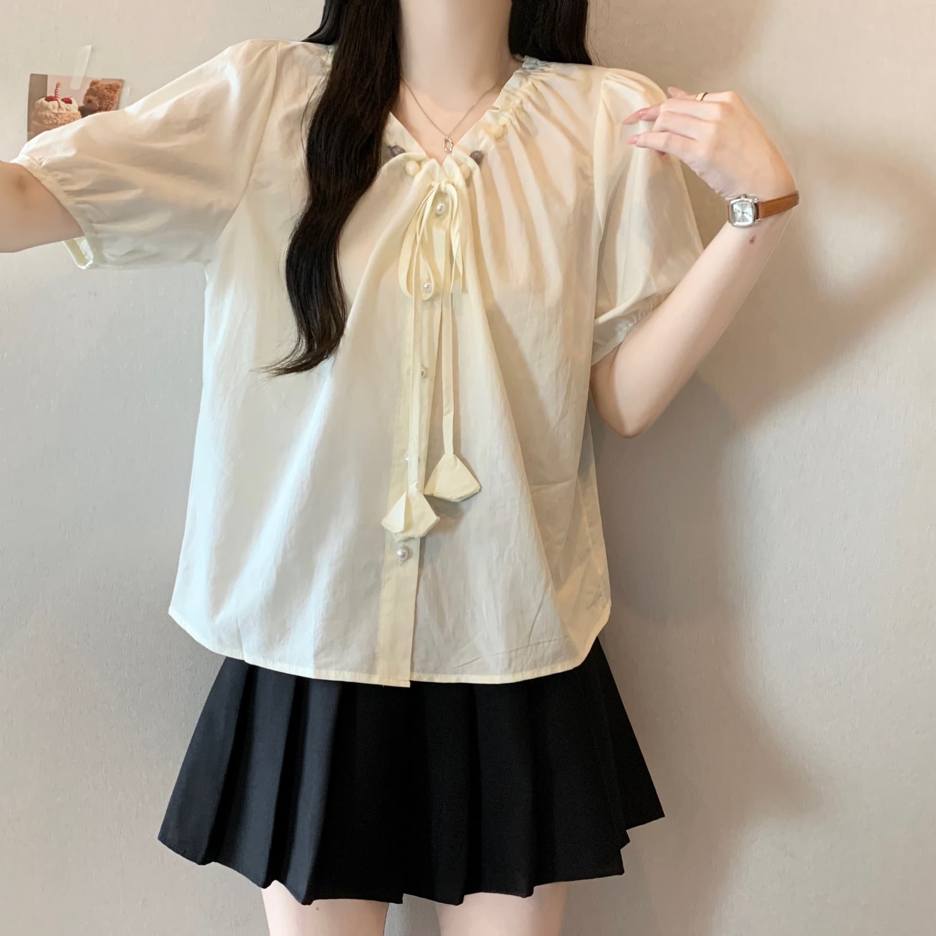 지방 mm 달콤함 귀여운 바람 프랑스식 거품 소매 여성 셔츠 여름 펌프 로프 장식 공 꽃 칼라 우아함 연령 감소 맨위 상세 이미지 14