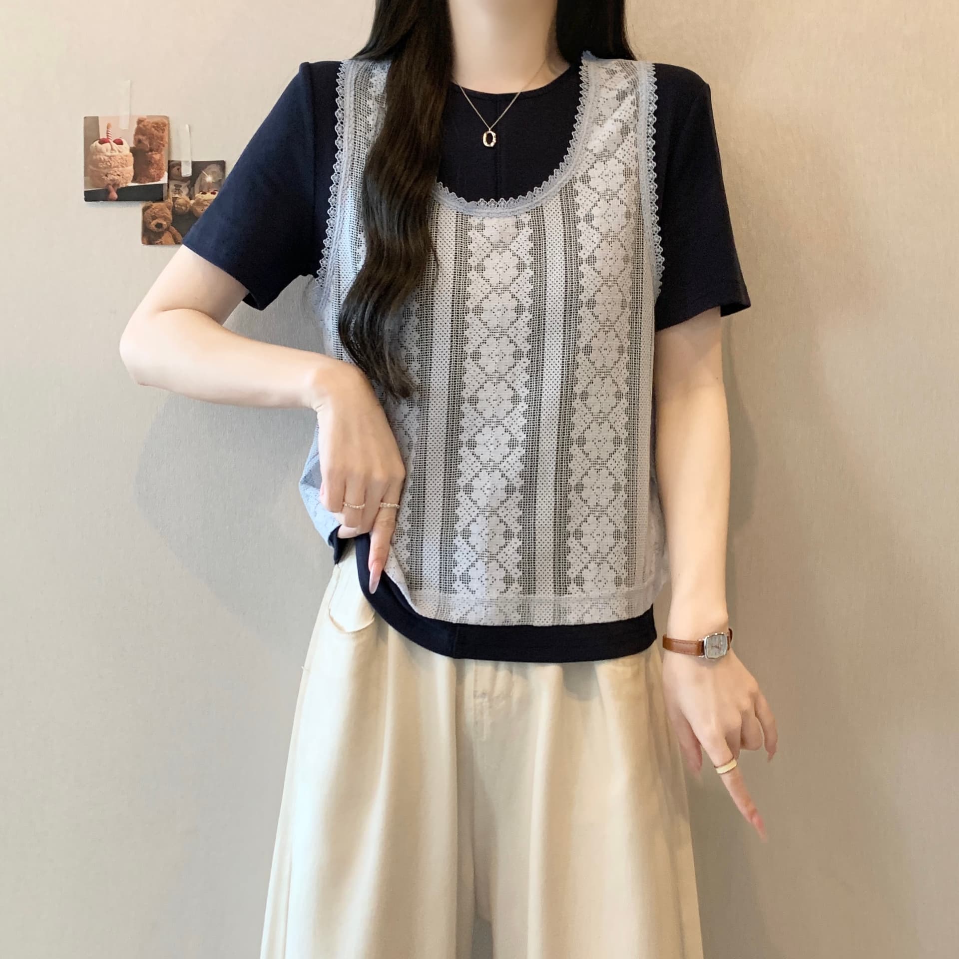 지방 mm 슈퍼 화재 연령 감소 레이스 조끼 반팔 티셔츠 여성 여름 투피스 세트 착용 가져 가라. 고유 한 아름다운 그레이트 봐. 의류 이미지 2