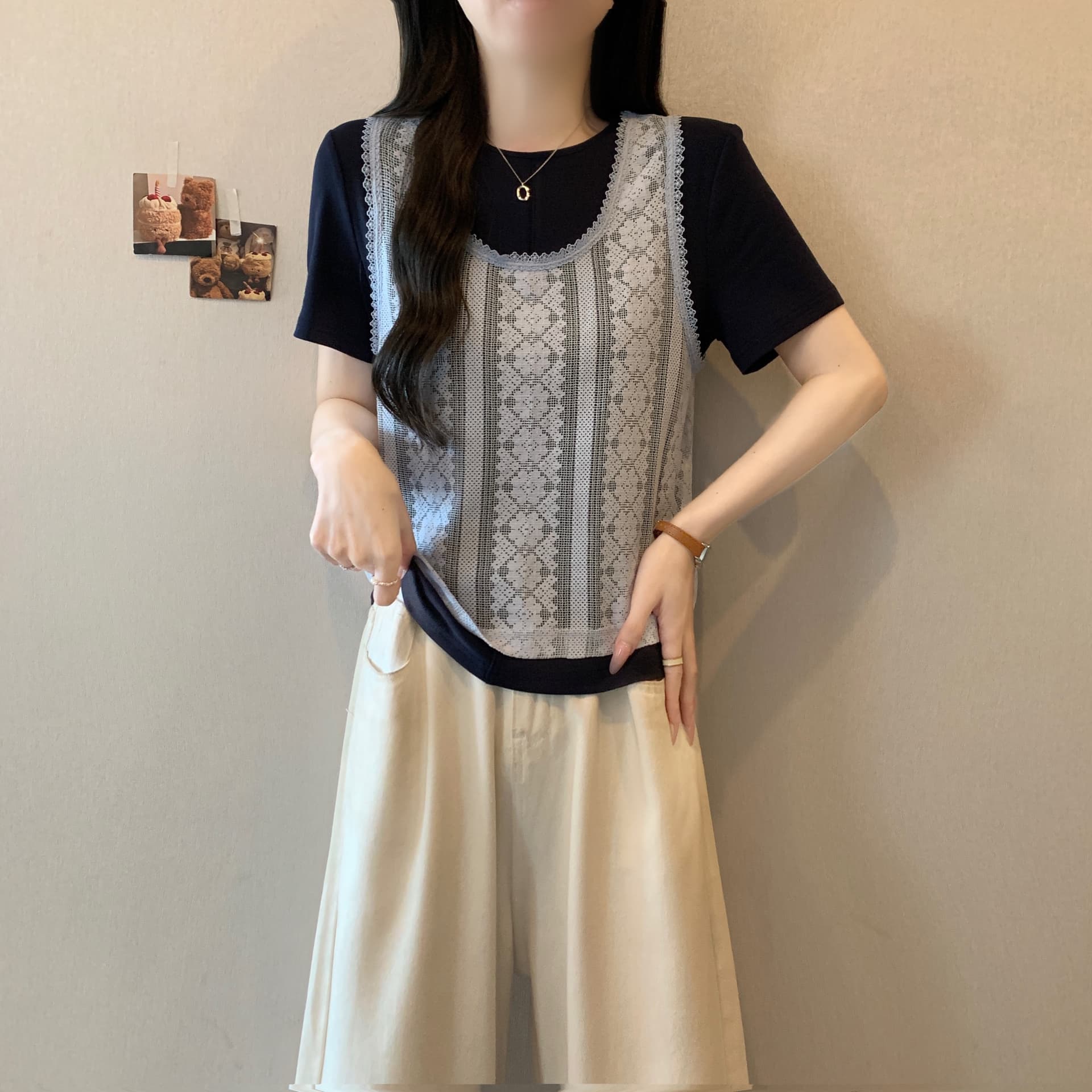 지방 mm 슈퍼 화재 연령 감소 레이스 조끼 반팔 티셔츠 여성 여름 투피스 세트 착용 가져 가라. 고유 한 아름다운 그레이트 봐. 의류 이미지 3