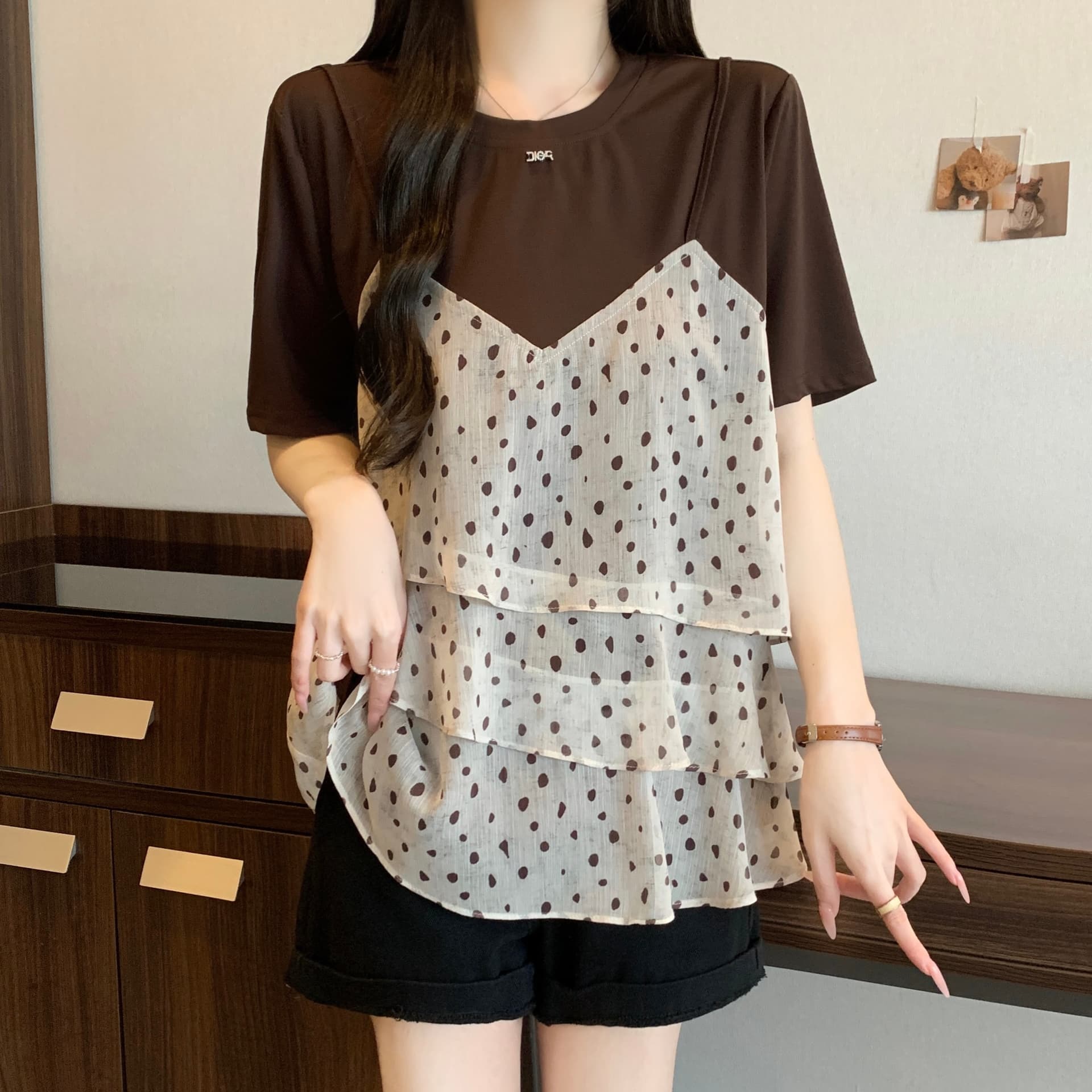 페이크 레이어드 도트 무늬 프릴 반팔 티셔츠 지방 mm 새로운 고급 고유 한 잘 생긴 아름다운 외국 가스 맨위 이미지 5