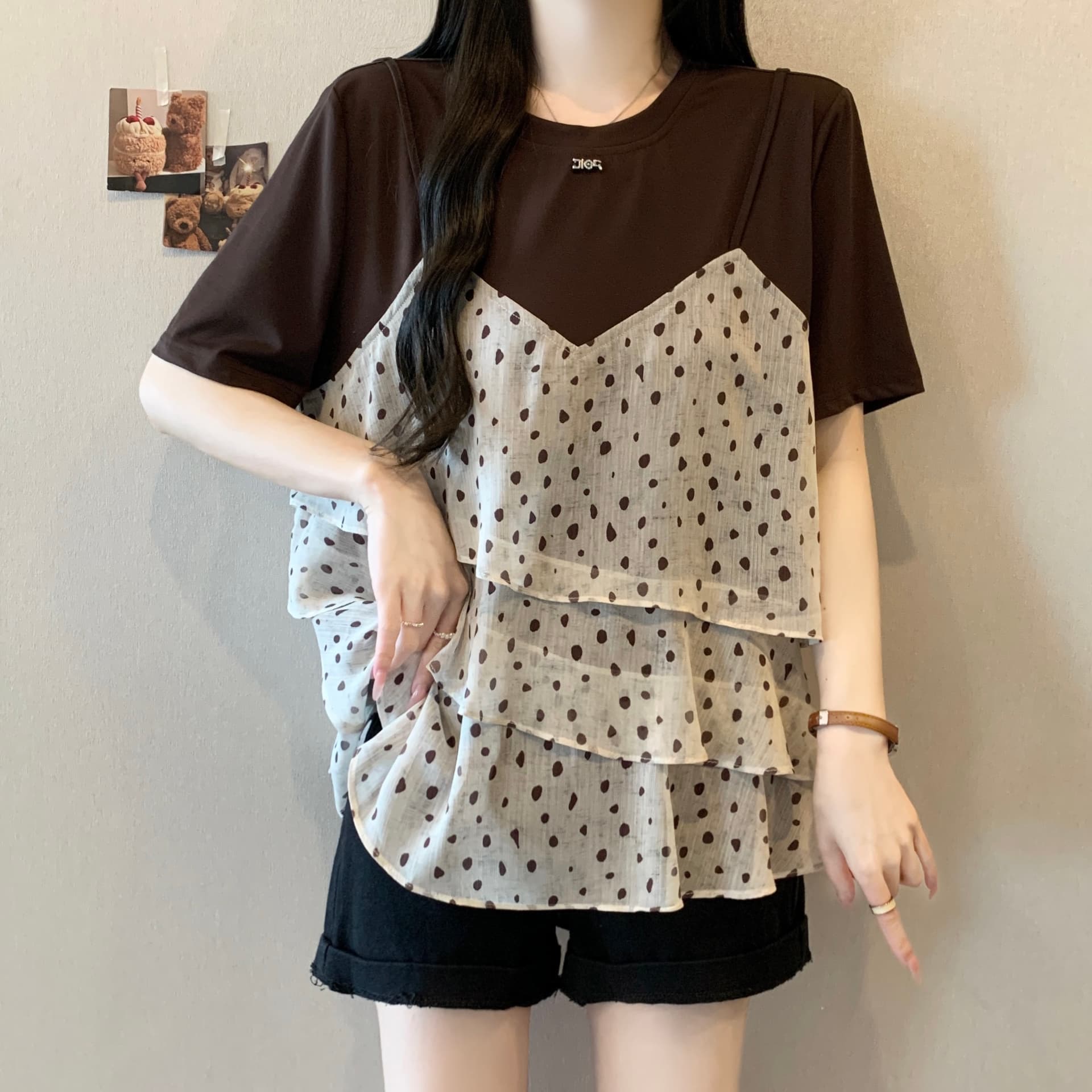 페이크 레이어드 도트 무늬 프릴 반팔 티셔츠 지방 mm 새로운 고급 고유 한 잘 생긴 아름다운 외국 가스 맨위 상세 이미지 2