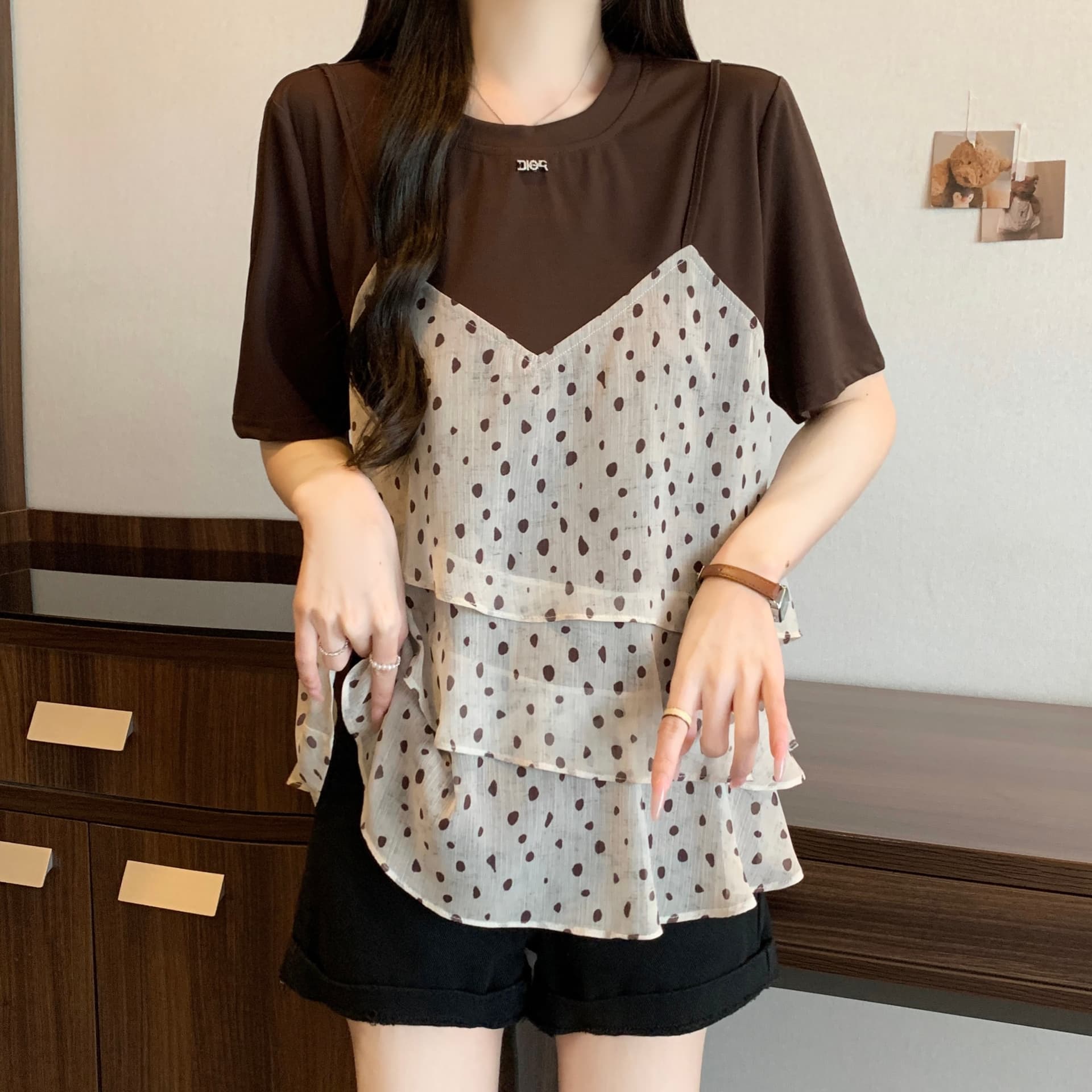 페이크 레이어드 도트 무늬 프릴 반팔 티셔츠 지방 mm 새로운 고급 고유 한 잘 생긴 아름다운 외국 가스 맨위 상세 이미지 7