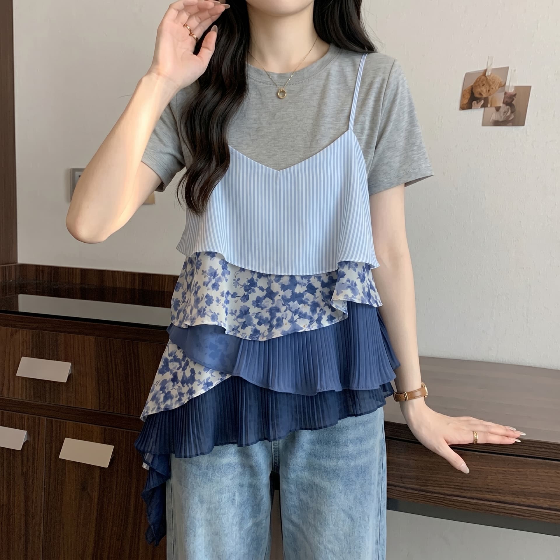 지방 mm 고급 빛 럭셔리 페이크 레이어드 슬립 맨위 여성 꽃무늬 패치워크 우아한 다용도 슬림해 보이는 출퇴근 캐주얼 맨위 이미지 5