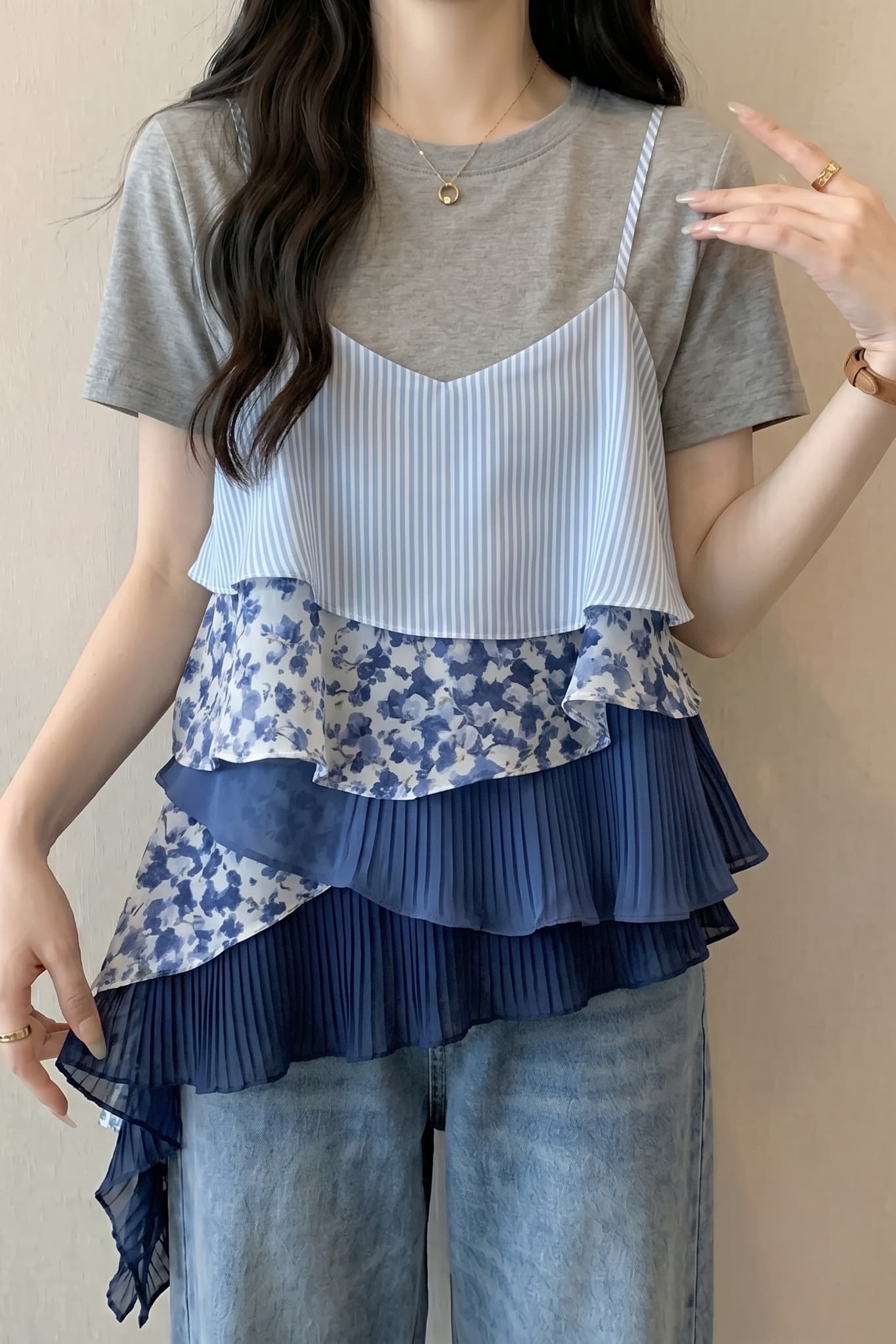 지방 mm 고급 빛 럭셔리 페이크 레이어드 슬립 맨위 여성 꽃무늬 패치워크 우아한 다용도 슬림해 보이는 출퇴근 캐주얼 맨위 이미지 7
