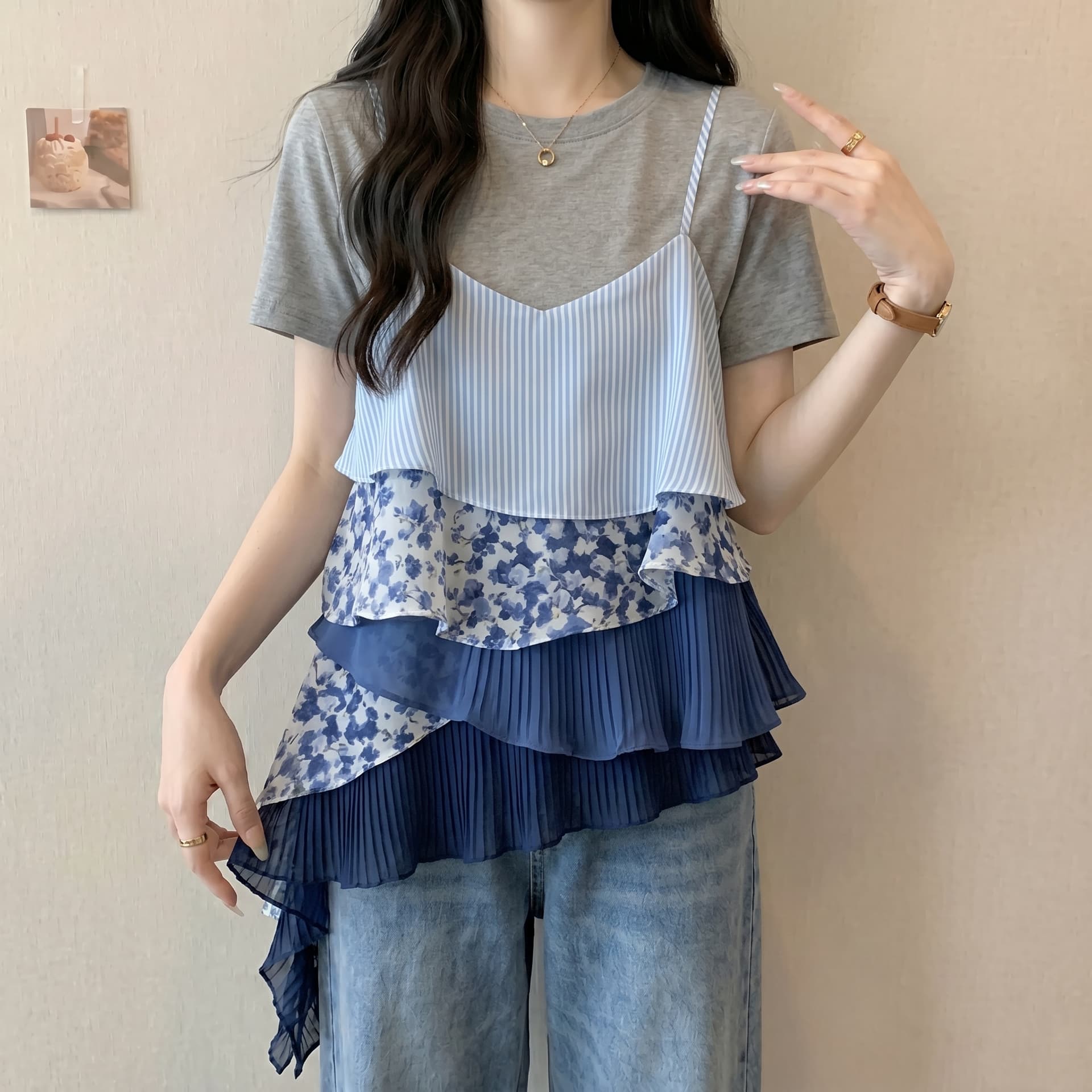 지방 mm 고급 빛 럭셔리 페이크 레이어드 슬립 맨위 여성 꽃무늬 패치워크 우아한 다용도 슬림해 보이는 출퇴근 캐주얼 맨위 상세 이미지 3