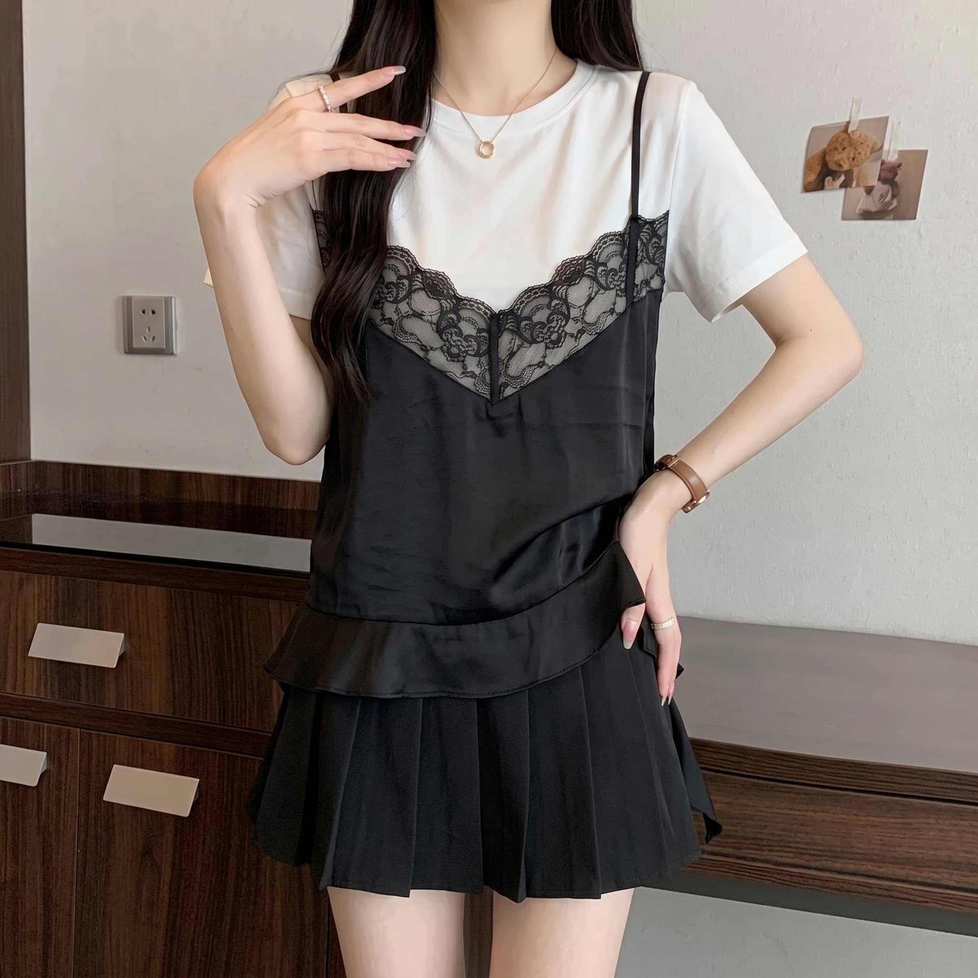 지방 mm 여름 새로운 라운드 넥 페이크 레이어드 슬립 레이스 자수 패치워크 리본 반팔 티셔츠 여성 셔츠 이미지 4