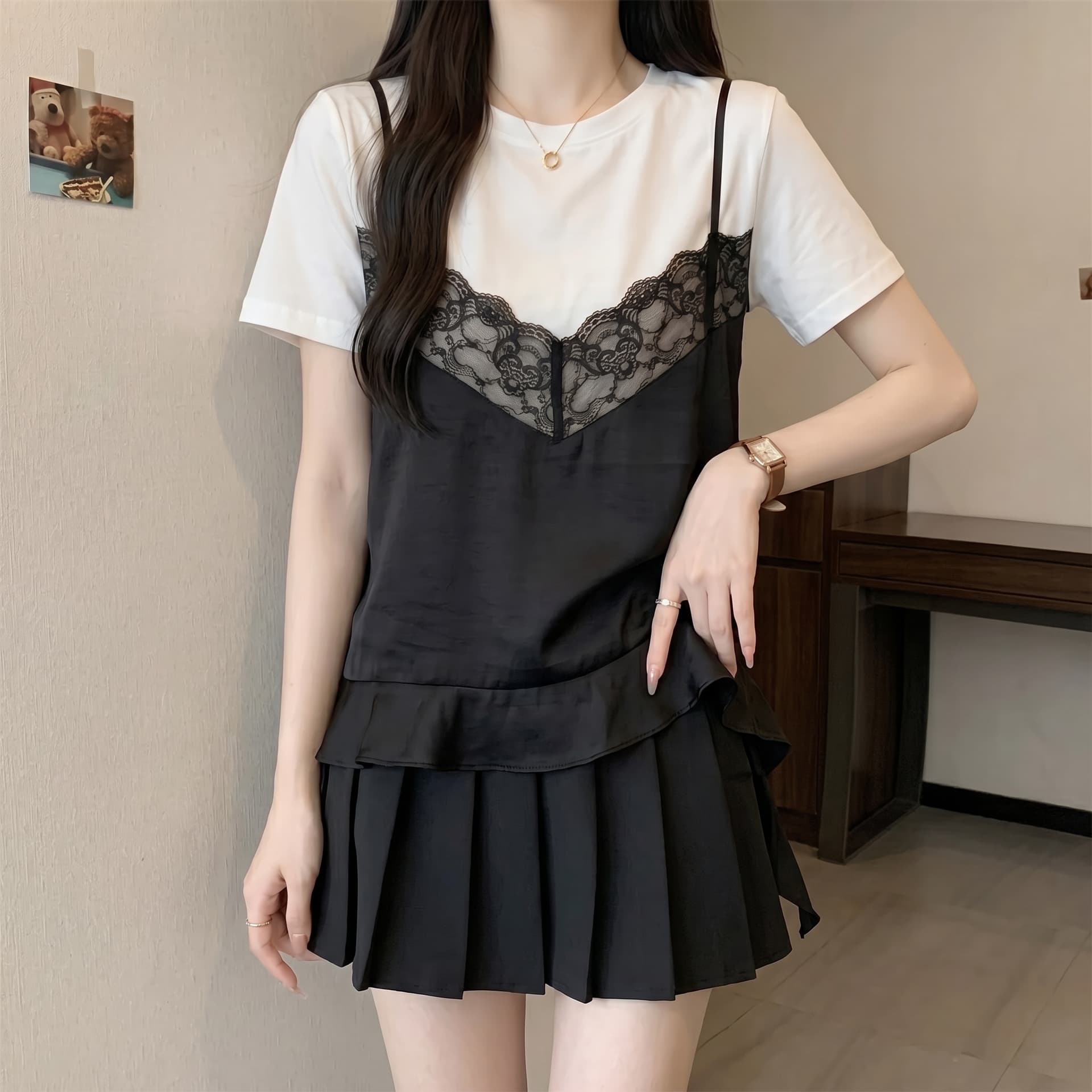 지방 mm 여름 새로운 라운드 넥 페이크 레이어드 슬립 레이스 자수 패치워크 리본 반팔 티셔츠 여성 셔츠 이미지 6
