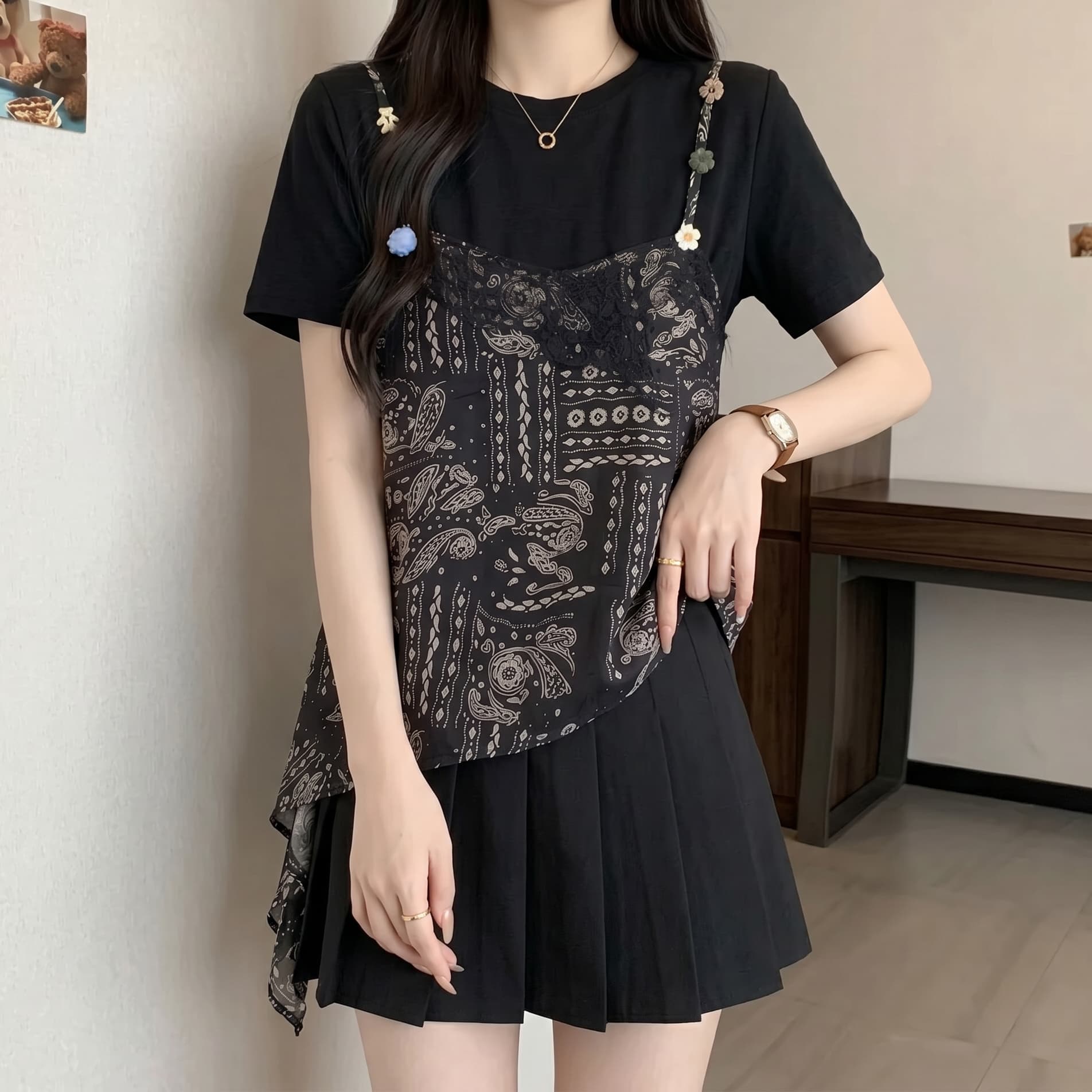 지방 m 디자이너 레이스 캐슈 꽃 프린트 페이크 레이어드 반팔 티셔츠 여성 불규칙 슬립 외국 가스 맨위 상세 이미지 3