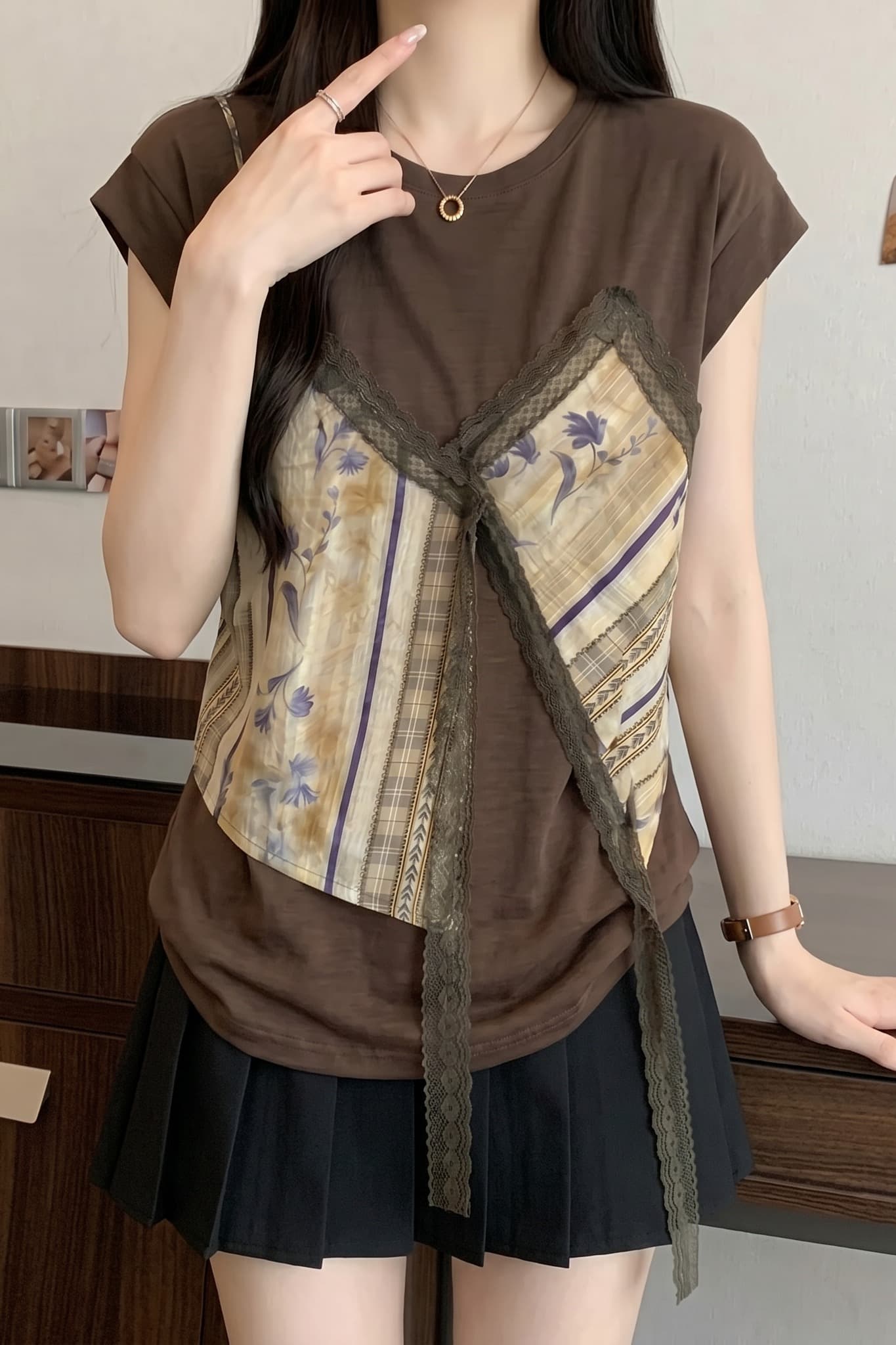 지방 mm 여름 작은 대중 패션 라운드 넥 패치워크 레이스 루즈핏 캐주얼 연령 감소 다용도 슬림해 보이는 반팔 티셔츠 여성 이미지 7