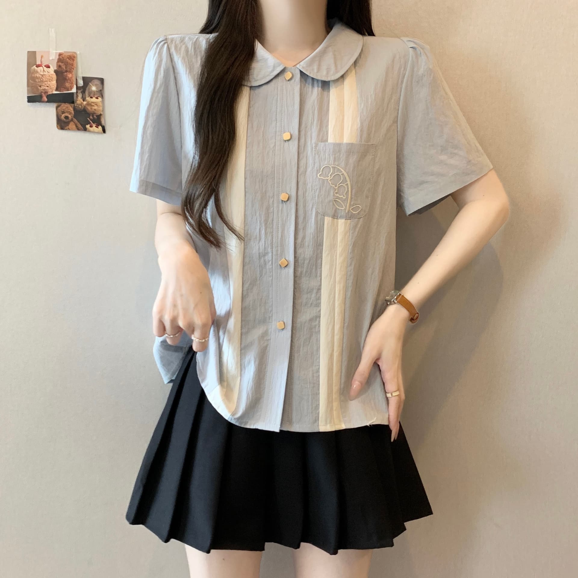 지방 mm 그라데이션 블루 릴리 오브 더 밸리 자수 배색 반팔 베이비 칼라 여성 셔츠 여름 문예 레트로 루즈핏 맨위 이미지 3