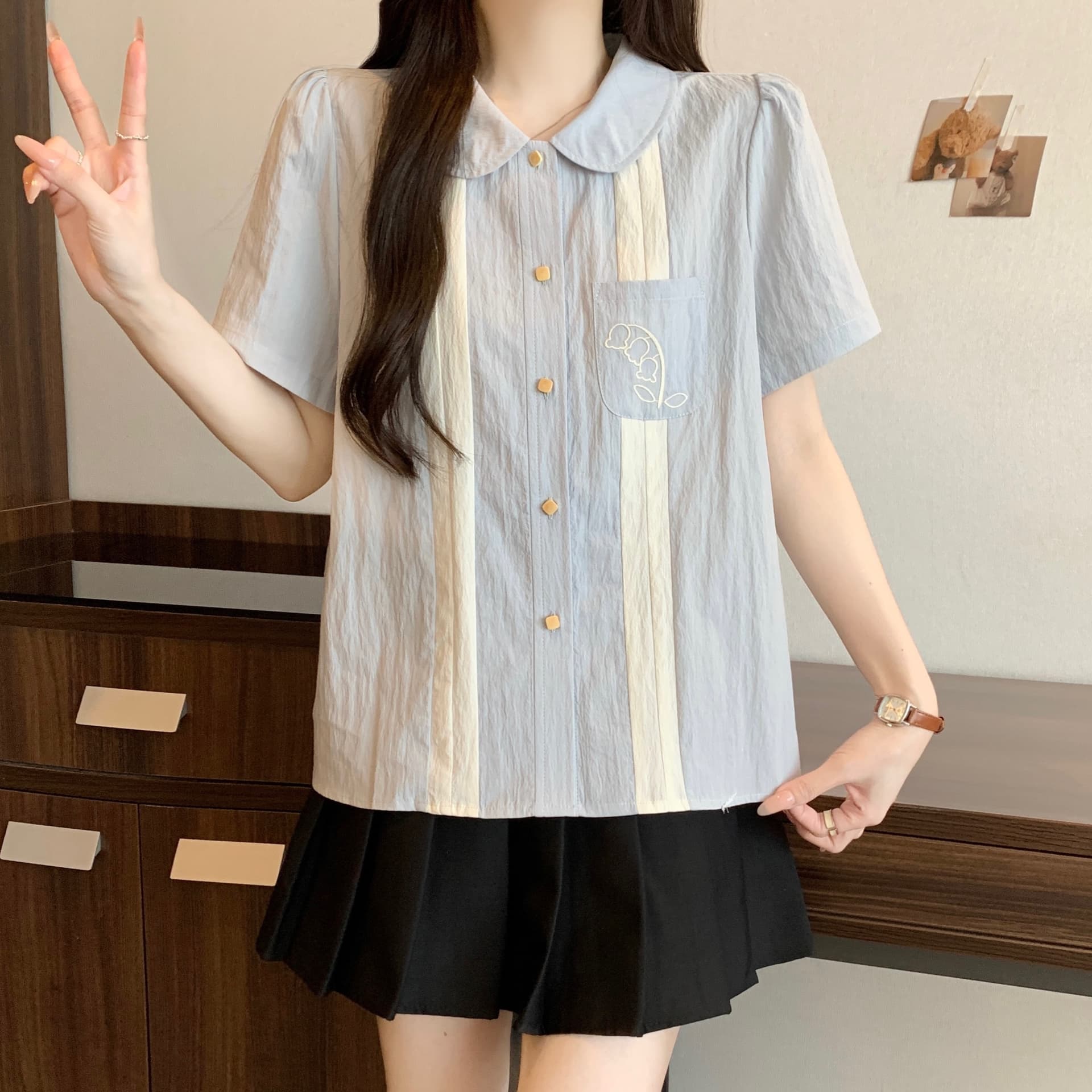 지방 mm 그라데이션 블루 릴리 오브 더 밸리 자수 배색 반팔 베이비 칼라 여성 셔츠 여름 문예 레트로 루즈핏 맨위 이미지 6