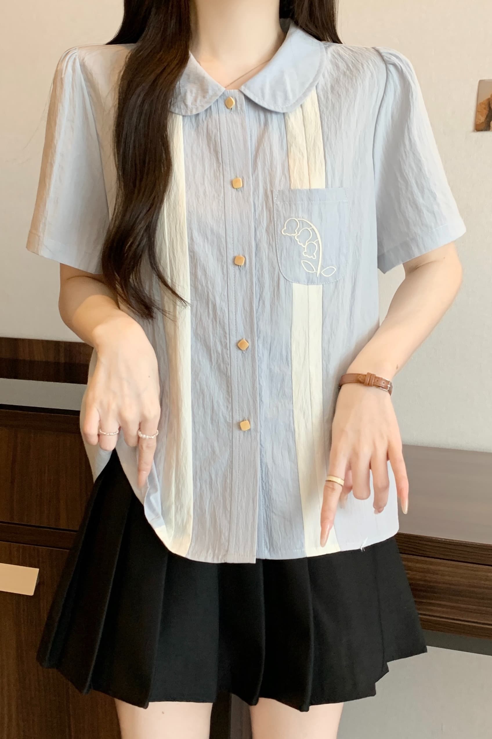 지방 mm 그라데이션 블루 릴리 오브 더 밸리 자수 배색 반팔 베이비 칼라 여성 셔츠 여름 문예 레트로 루즈핏 맨위 이미지 7