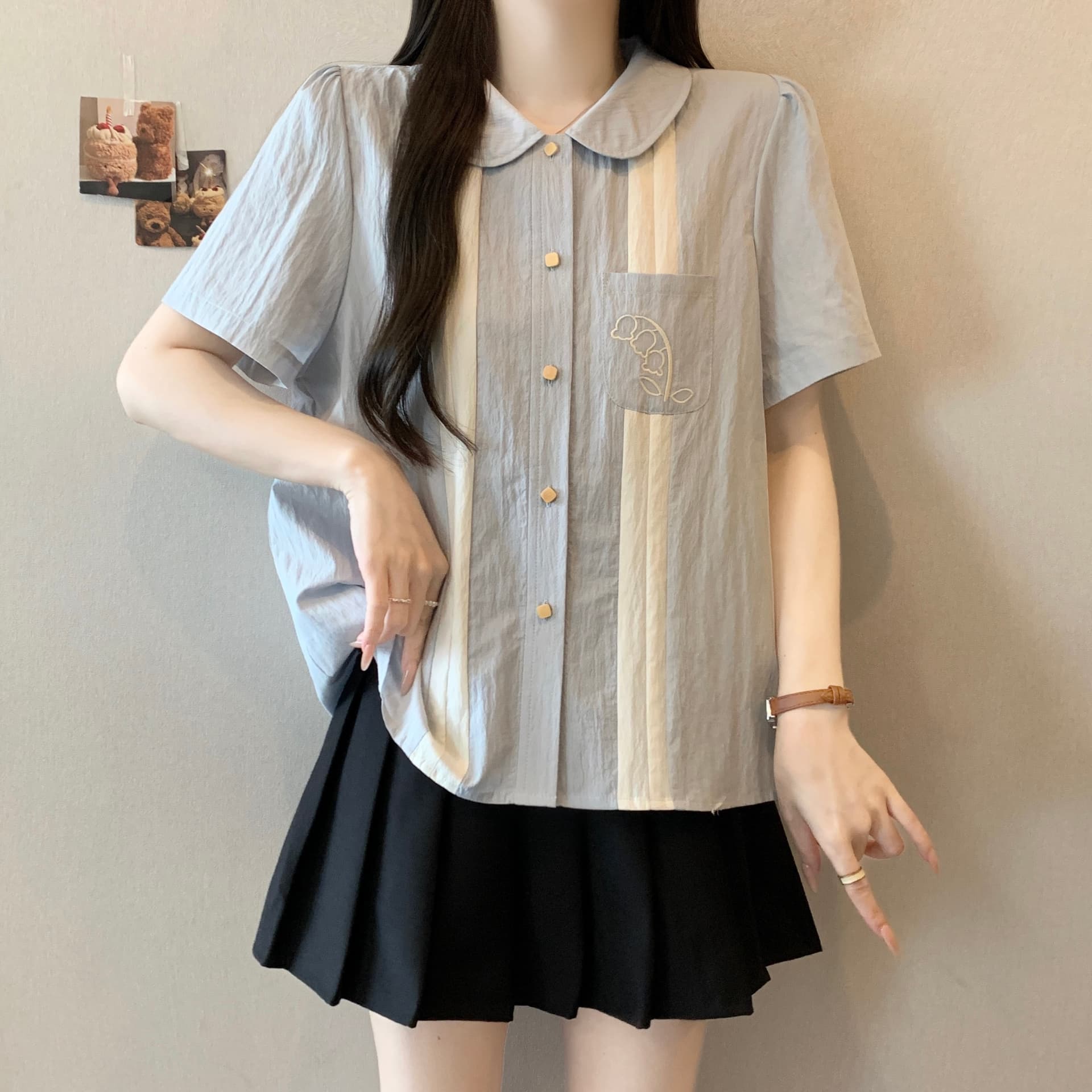 지방 mm 그라데이션 블루 릴리 오브 더 밸리 자수 배색 반팔 베이비 칼라 여성 셔츠 여름 문예 레트로 루즈핏 맨위 상세 이미지 2