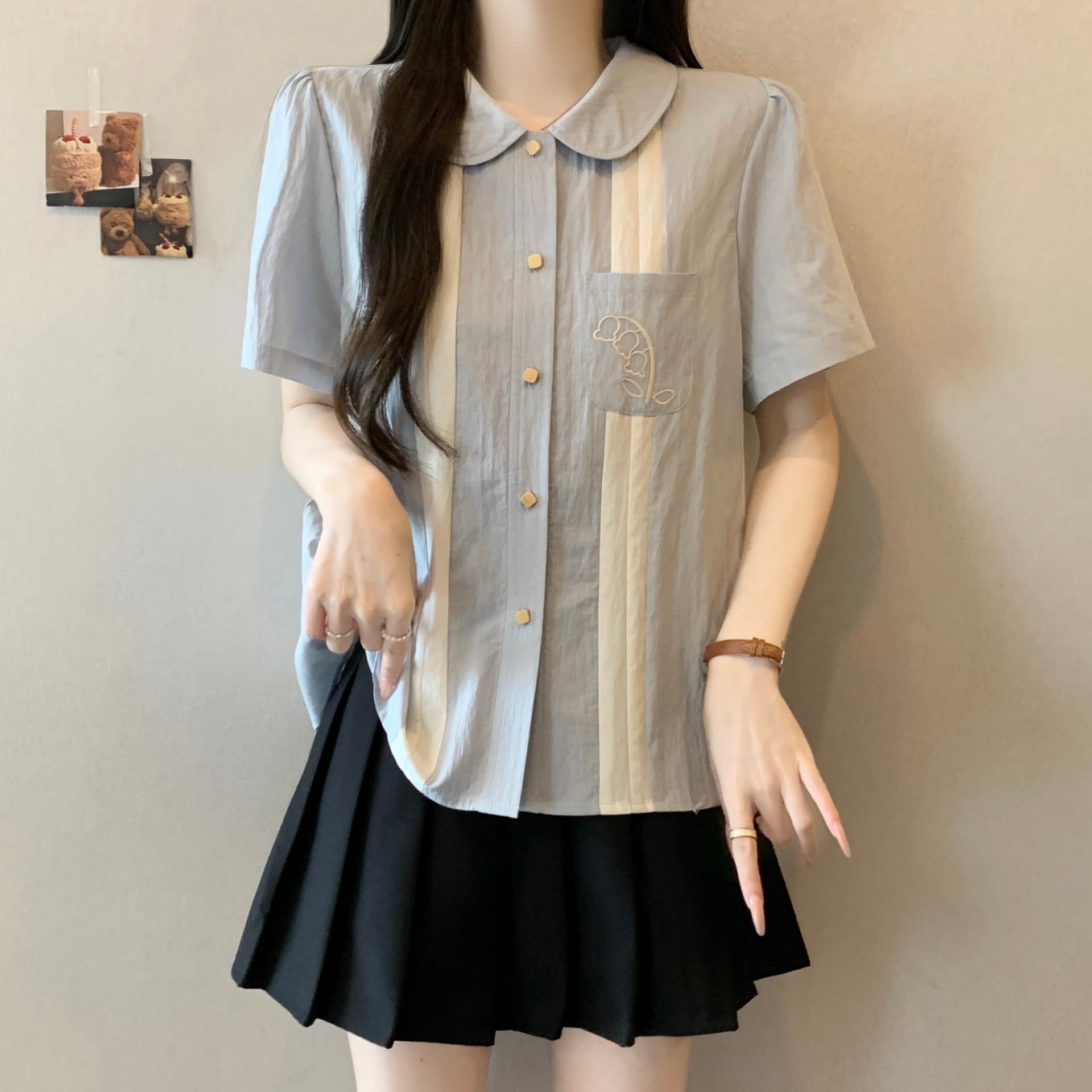 지방 mm 그라데이션 블루 릴리 오브 더 밸리 자수 배색 반팔 베이비 칼라 여성 셔츠 여름 문예 레트로 루즈핏 맨위 상세 이미지 4
