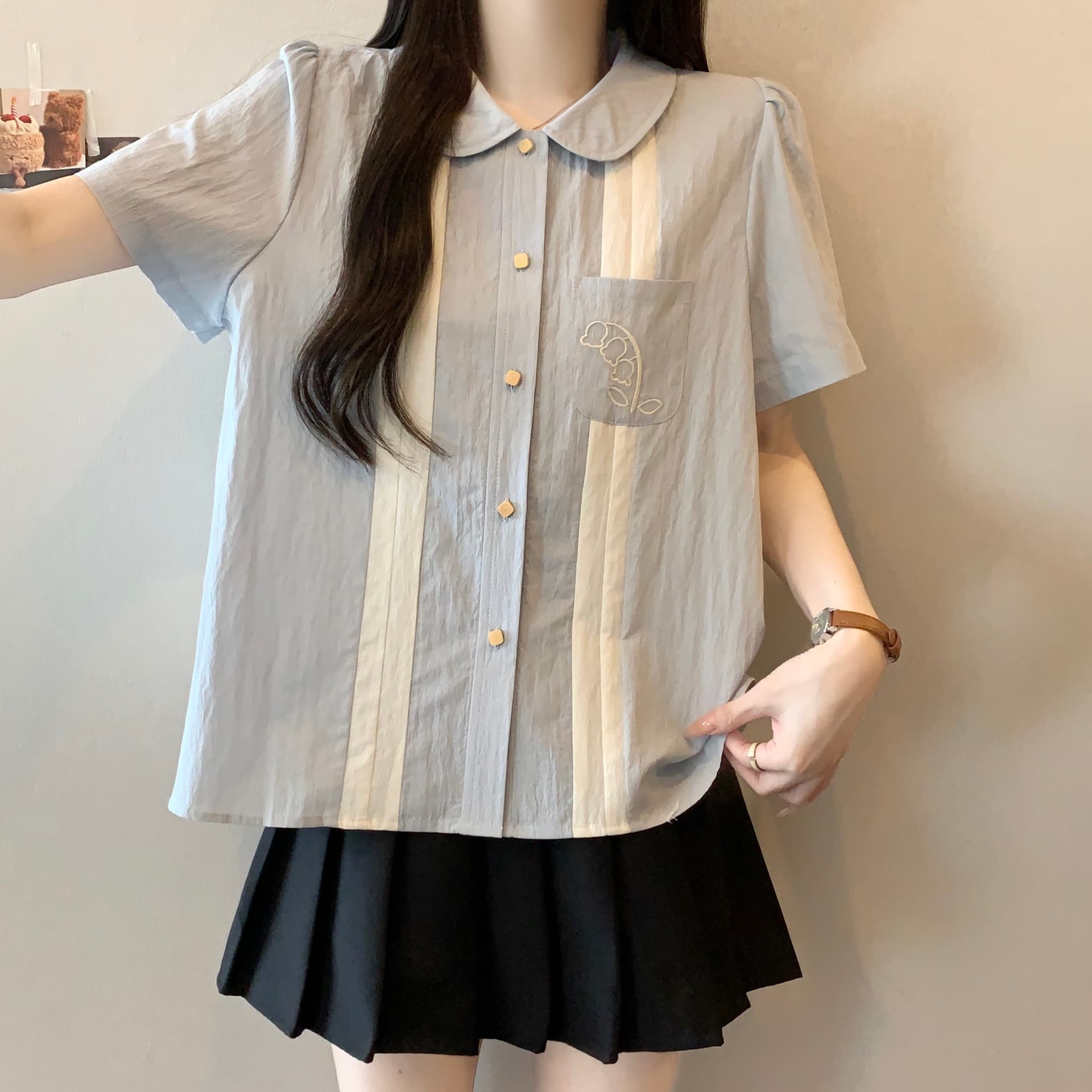 지방 mm 그라데이션 블루 릴리 오브 더 밸리 자수 배색 반팔 베이비 칼라 여성 셔츠 여름 문예 레트로 루즈핏 맨위 상세 이미지 5