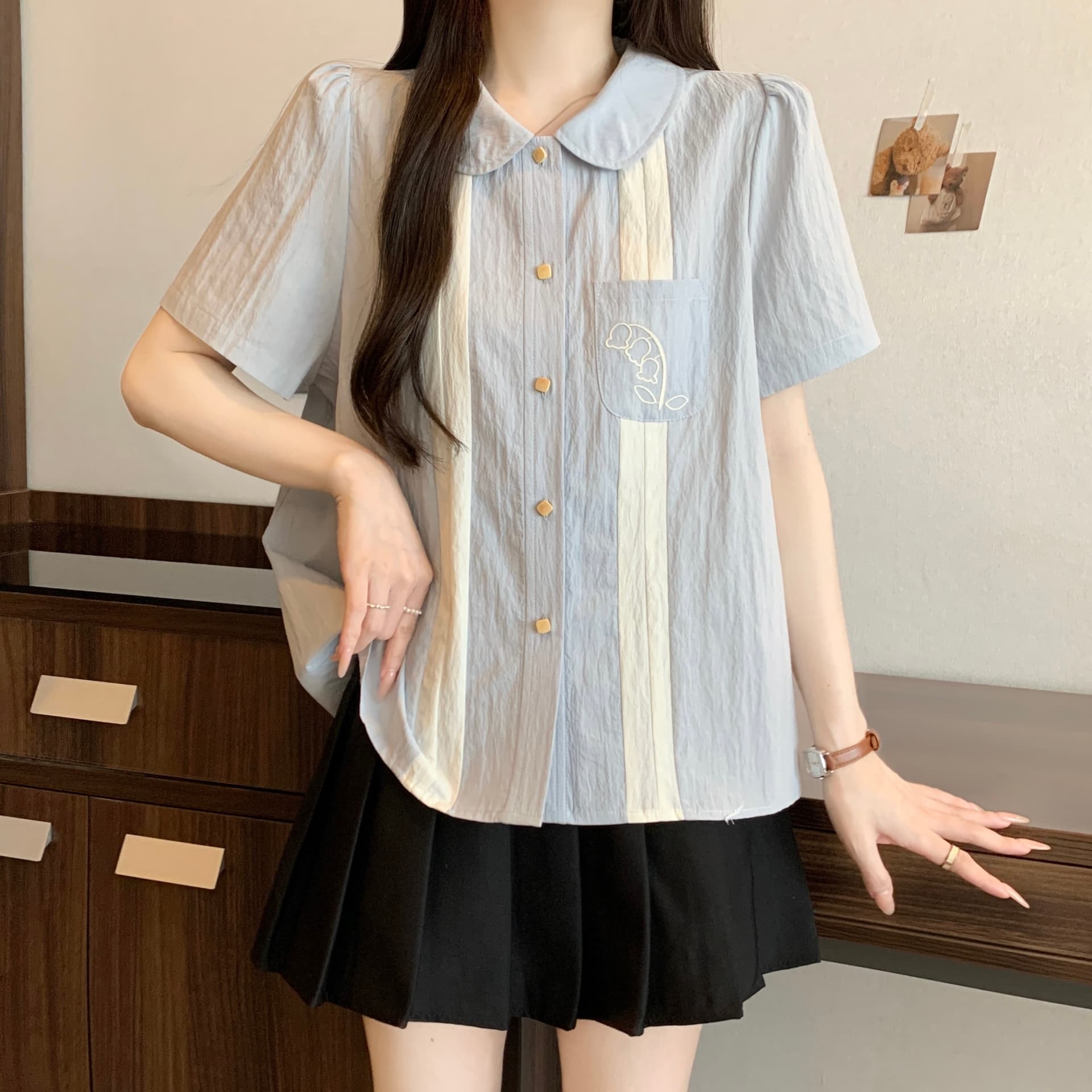 지방 mm 그라데이션 블루 릴리 오브 더 밸리 자수 배색 반팔 베이비 칼라 여성 셔츠 여름 문예 레트로 루즈핏 맨위 상세 이미지 6