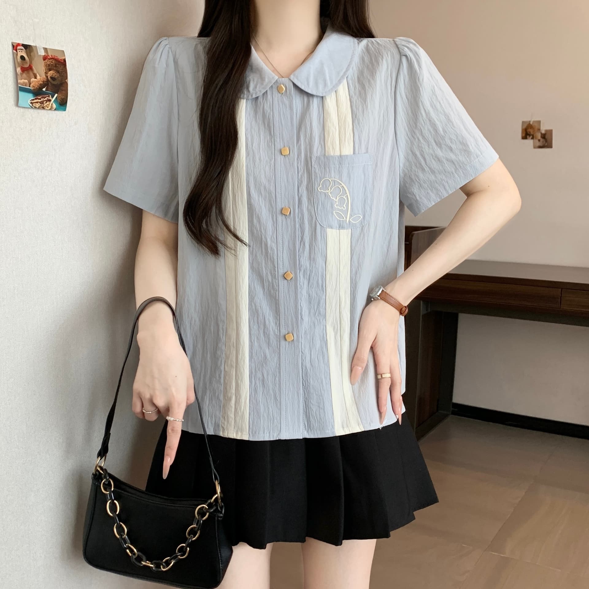 지방 mm 그라데이션 블루 릴리 오브 더 밸리 자수 배색 반팔 베이비 칼라 여성 셔츠 여름 문예 레트로 루즈핏 맨위 상세 이미지 9