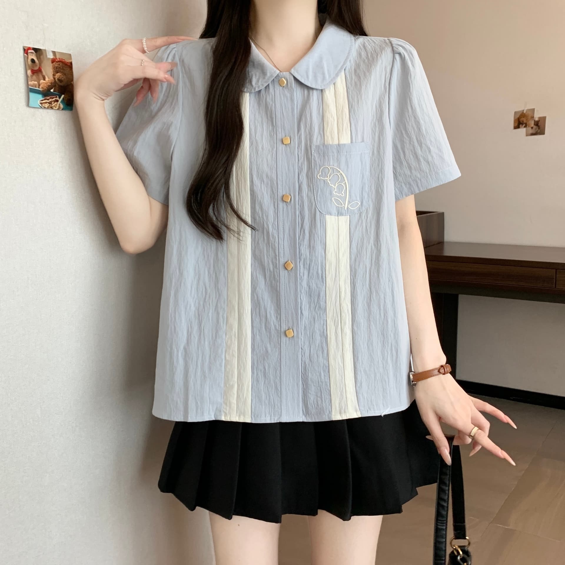 지방 mm 그라데이션 블루 릴리 오브 더 밸리 자수 배색 반팔 베이비 칼라 여성 셔츠 여름 문예 레트로 루즈핏 맨위 상세 이미지 10