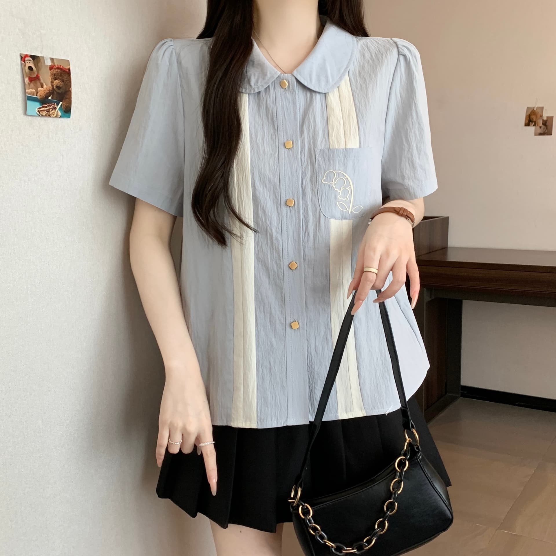지방 mm 그라데이션 블루 릴리 오브 더 밸리 자수 배색 반팔 베이비 칼라 여성 셔츠 여름 문예 레트로 루즈핏 맨위 상세 이미지 11
