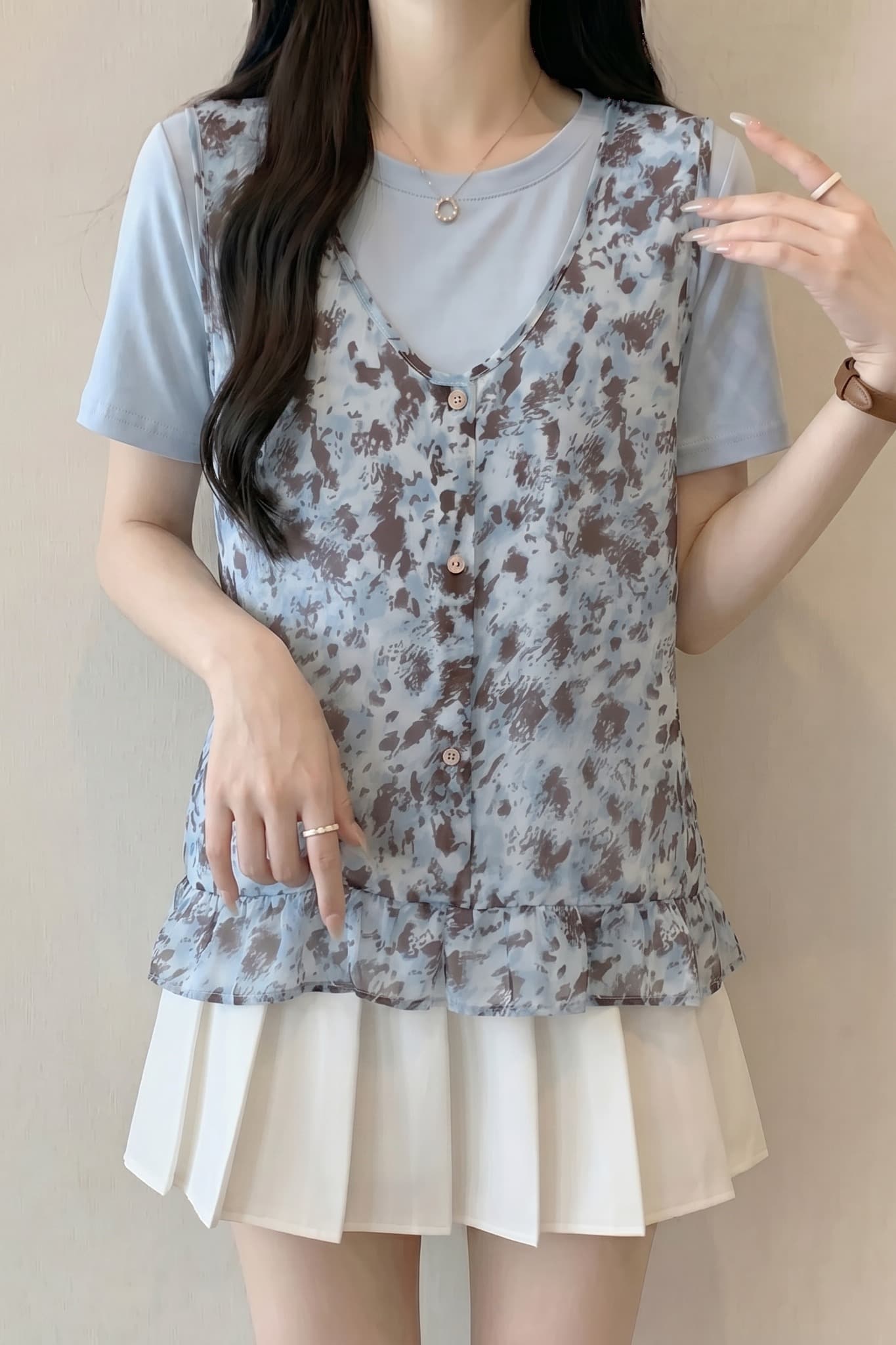 지방 mm 디자인 센스 패션 부드러운 라운드 넥 페이크 레이어드 셔츠 2026 새로운 표지 고기 슬림해 보이는 다용도 맨위 이미지 7