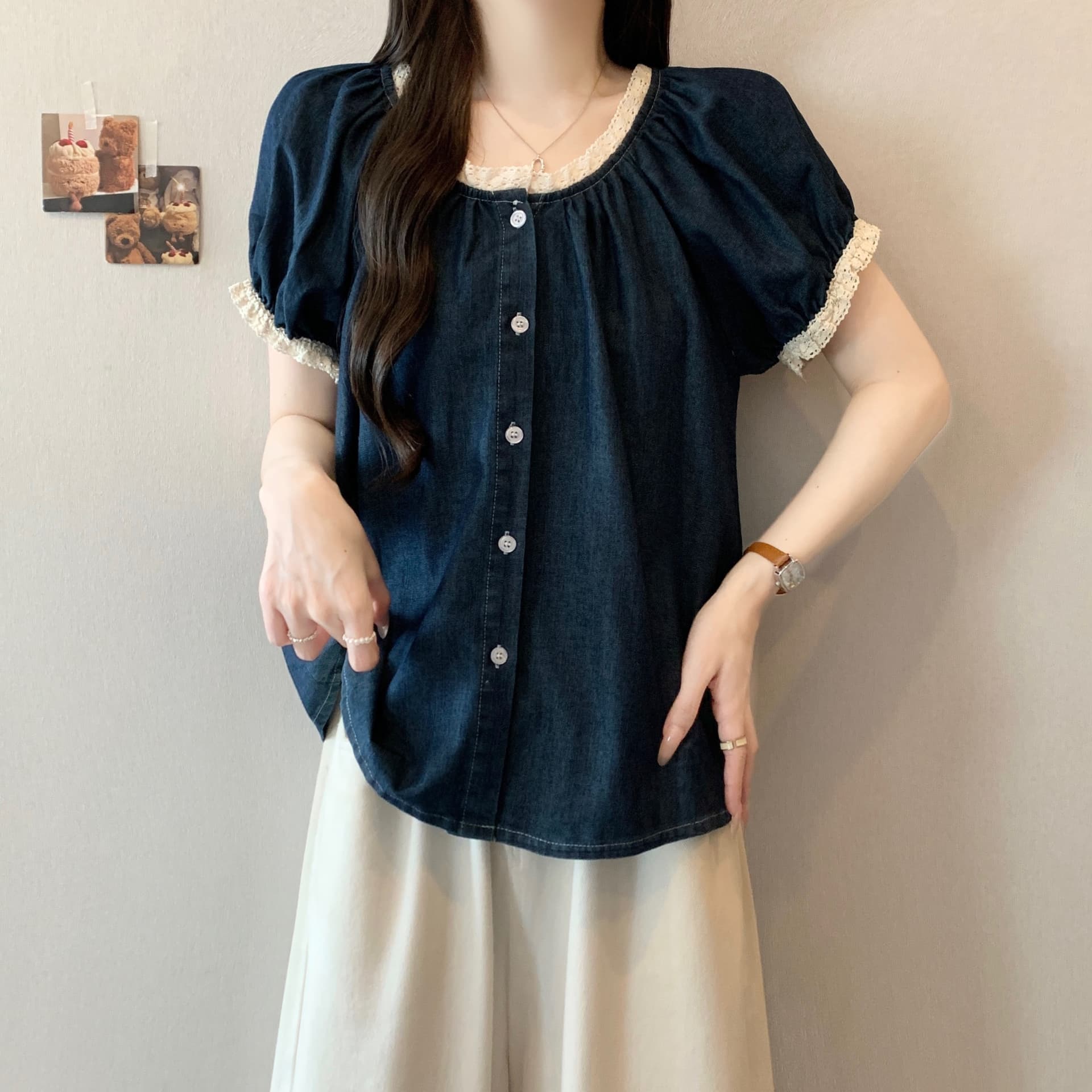 지방 mm 워싱 파란색 레이스 데님 반팔 여성 셔츠 여름 문예 레트로 거품 소매 면 린넨 맨위 상세 이미지 4