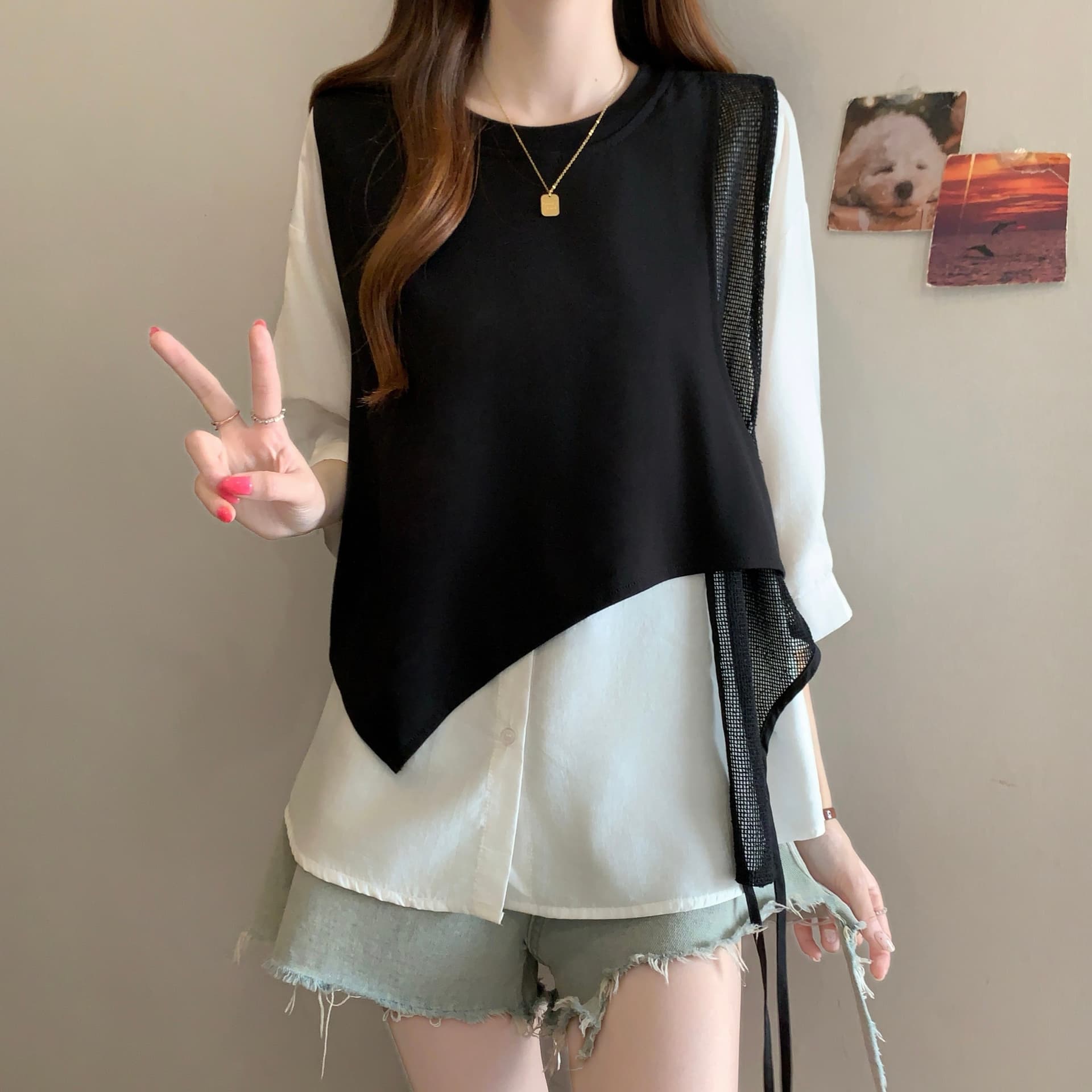 지방 mm 배색 페이크 레이어드 패치워크 반팔 여성 셔츠 2026 새로운 루즈핏 슬림해 보이는 주간 실크 작은 셔츠 맨위 상세 이미지 4
