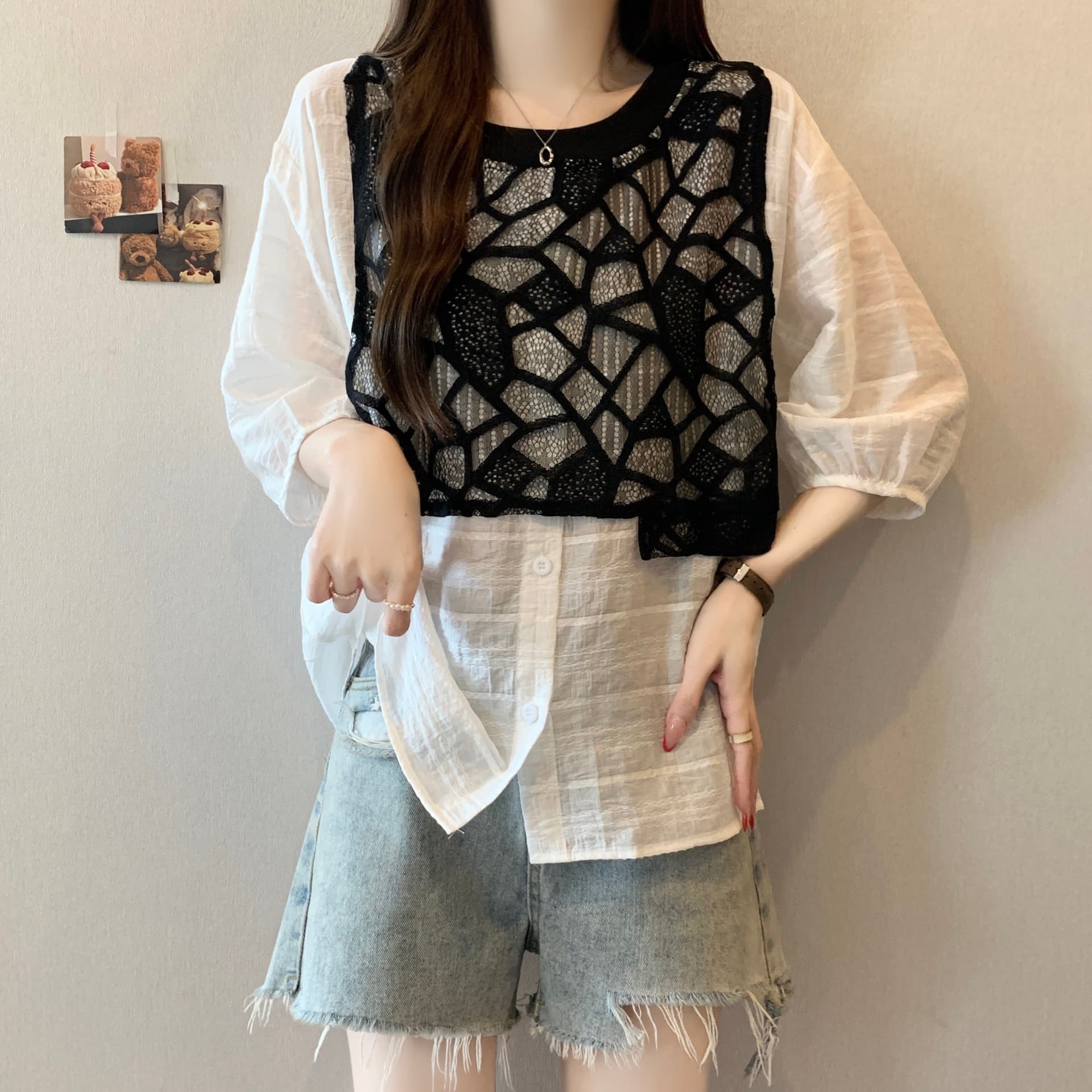 지방 mm 고유 한 슈퍼 잘 생긴 프랑스식 거품 소매 레이스 베스트 조끼 반팔 셔츠 페이크 레이어드 쉬폰 블라우스 맨위 상세 이미지 2
