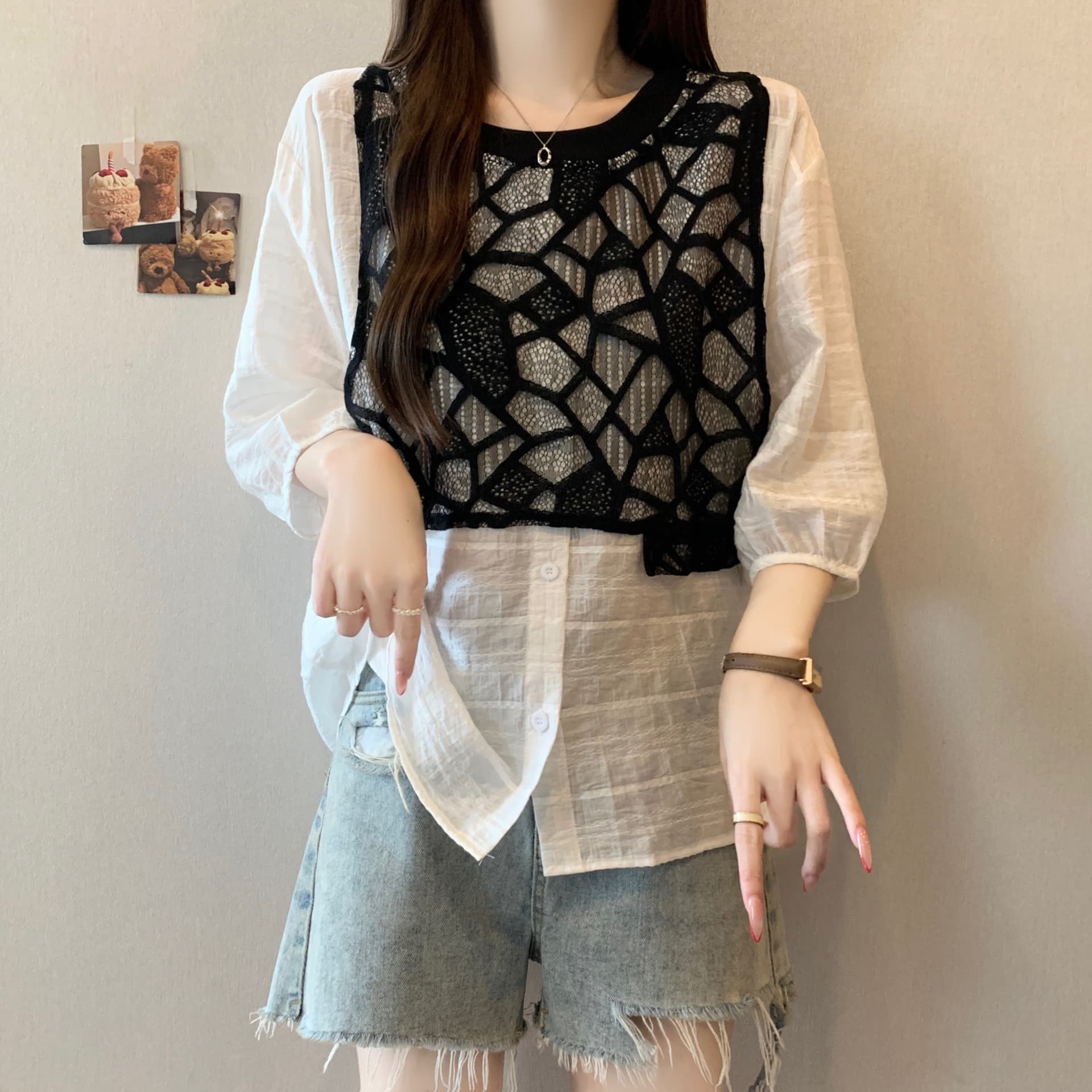 지방 mm 고유 한 슈퍼 잘 생긴 프랑스식 거품 소매 레이스 베스트 조끼 반팔 셔츠 페이크 레이어드 쉬폰 블라우스 맨위 상세 이미지 3