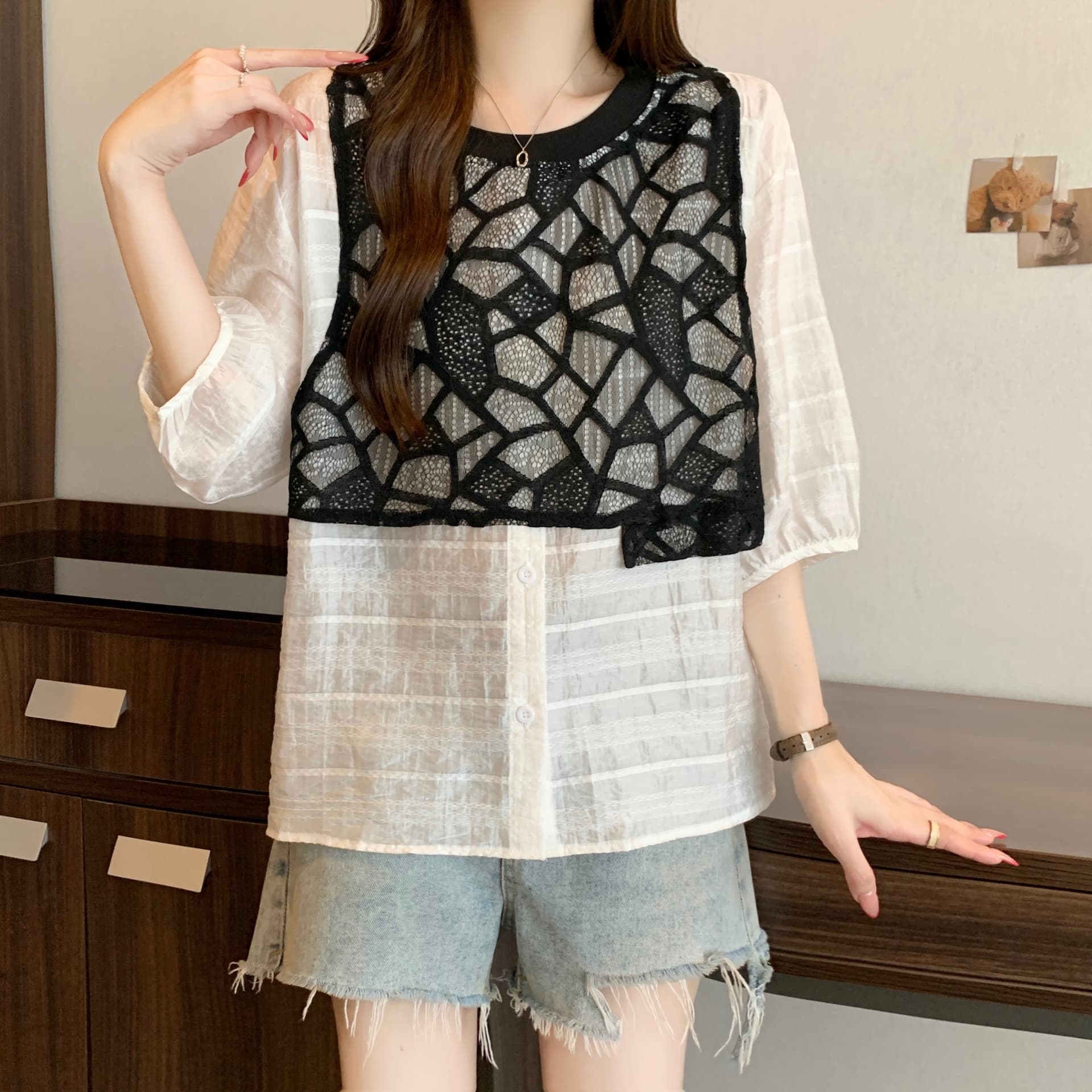 지방 mm 고유 한 슈퍼 잘 생긴 프랑스식 거품 소매 레이스 베스트 조끼 반팔 셔츠 페이크 레이어드 쉬폰 블라우스 맨위 상세 이미지 5