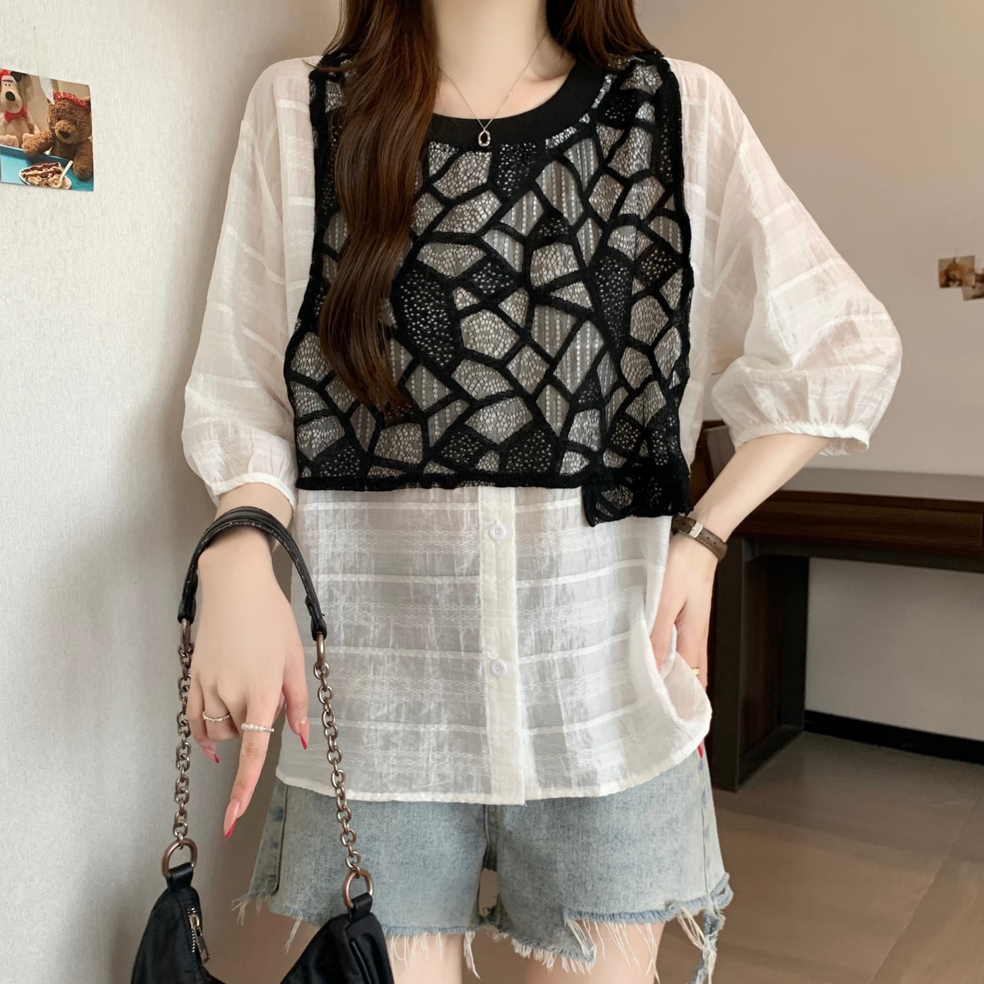 지방 mm 고유 한 슈퍼 잘 생긴 프랑스식 거품 소매 레이스 베스트 조끼 반팔 셔츠 페이크 레이어드 쉬폰 블라우스 맨위 상세 이미지 8