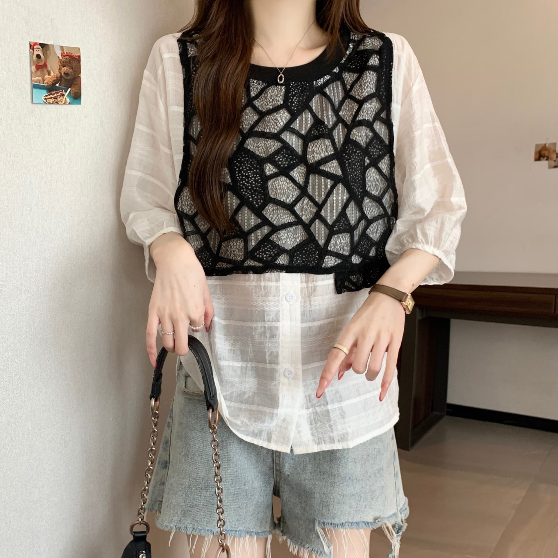 지방 mm 고유 한 슈퍼 잘 생긴 프랑스식 거품 소매 레이스 베스트 조끼 반팔 셔츠 페이크 레이어드 쉬폰 블라우스 맨위 상세 이미지 10