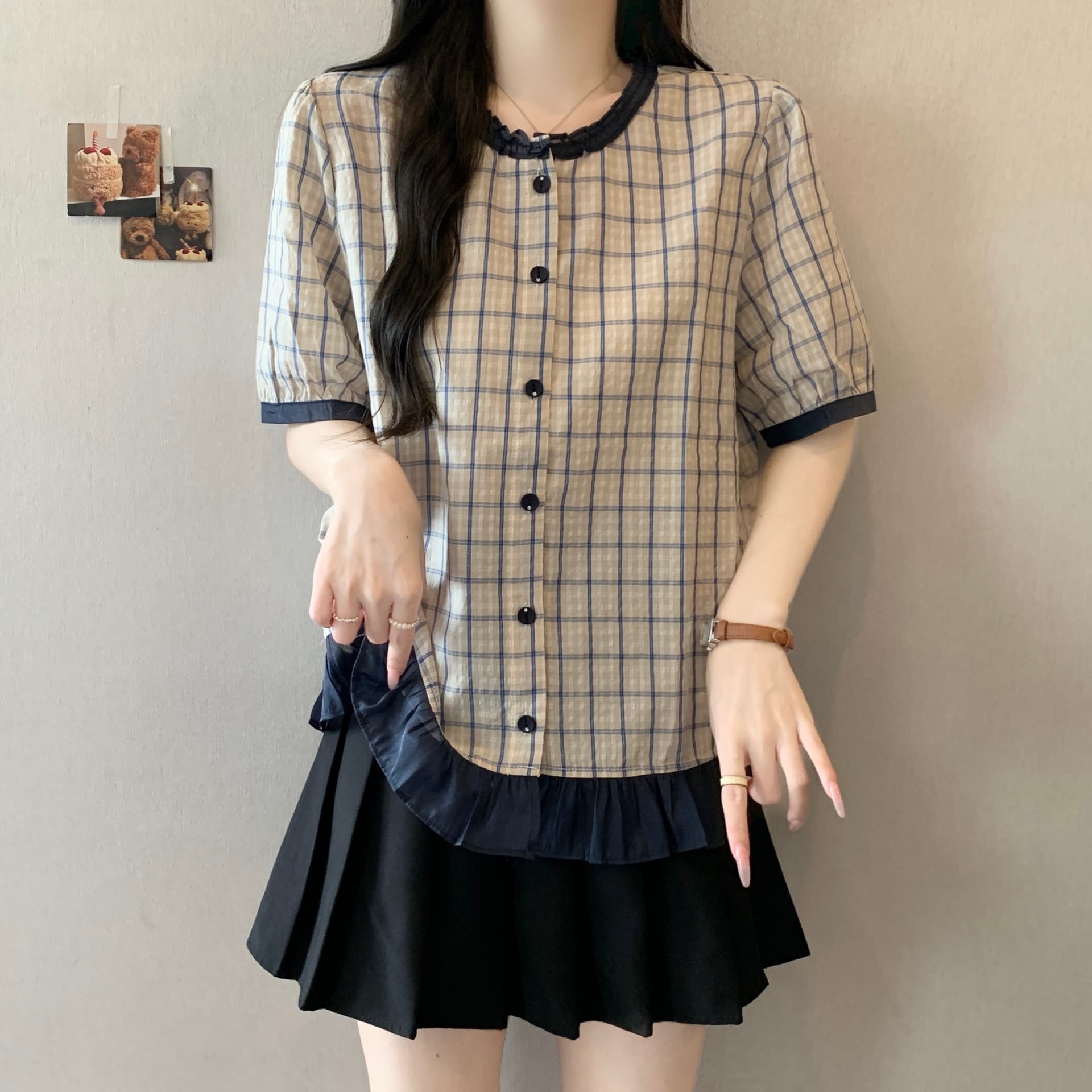 지방 mm 레이스 칼라 체크무늬 반팔 여성 셔츠 2026 여름 새로운 프릴 다용도 연령 감소 맨위 이미지 4