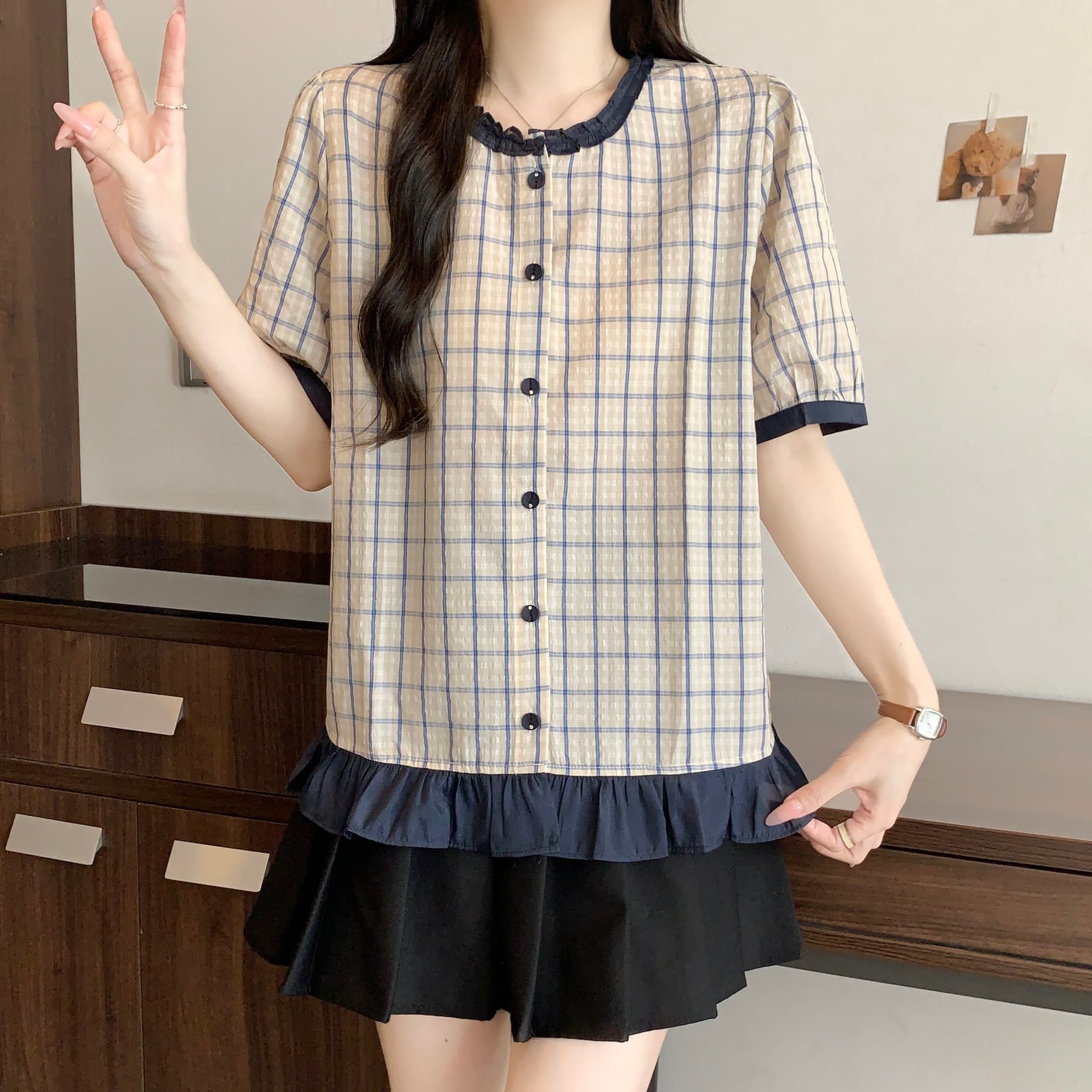 지방 mm 레이스 칼라 체크무늬 반팔 여성 셔츠 2026 여름 새로운 프릴 다용도 연령 감소 맨위 상세 이미지 5