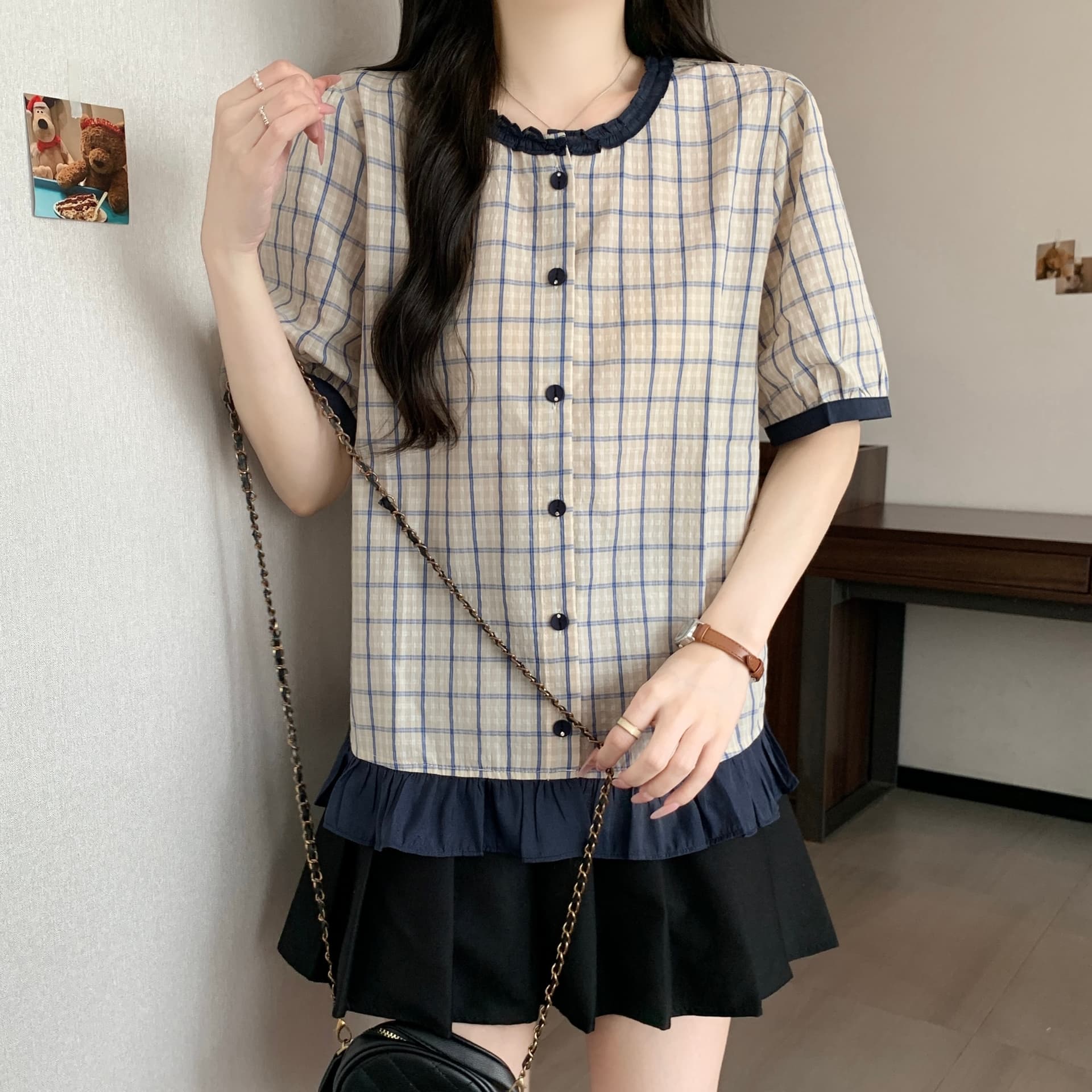 지방 mm 레이스 칼라 체크무늬 반팔 여성 셔츠 2026 여름 새로운 프릴 다용도 연령 감소 맨위 상세 이미지 7