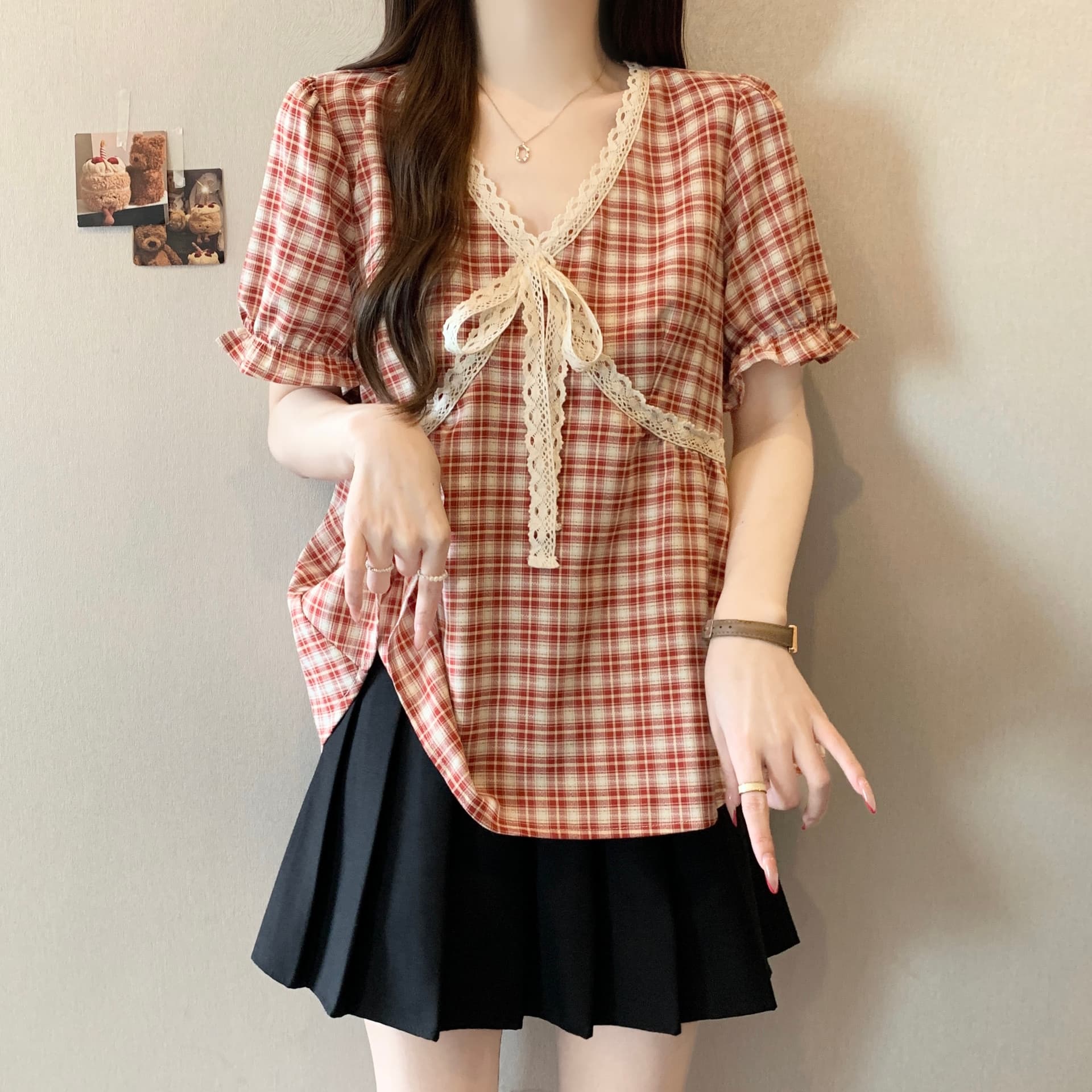 빅 사이즈 여성 의류 신선함 소금 부서 얼음 실크 체크무늬 지방 mm 한 부서 캐주얼 바람 긍정적 인 어깨 느긋한 센스 맨위 상세 이미지 5