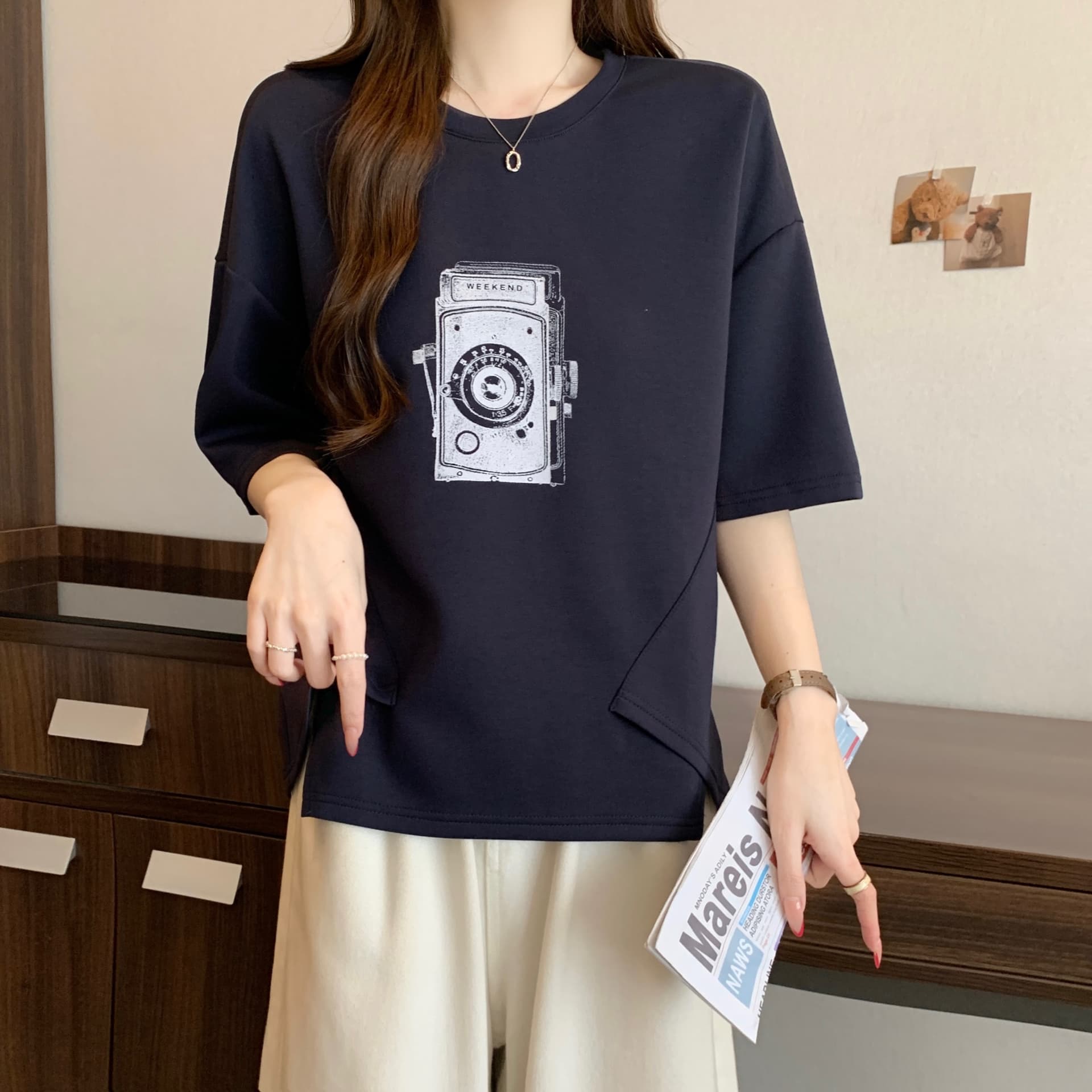 지방 mm 새로운 패션 프린트 패치워크 색상 불규칙 티셔츠 여성 루즈핏 슬림해 보이는 캐주얼 다용도 작은 대중 맨위 이미지 6