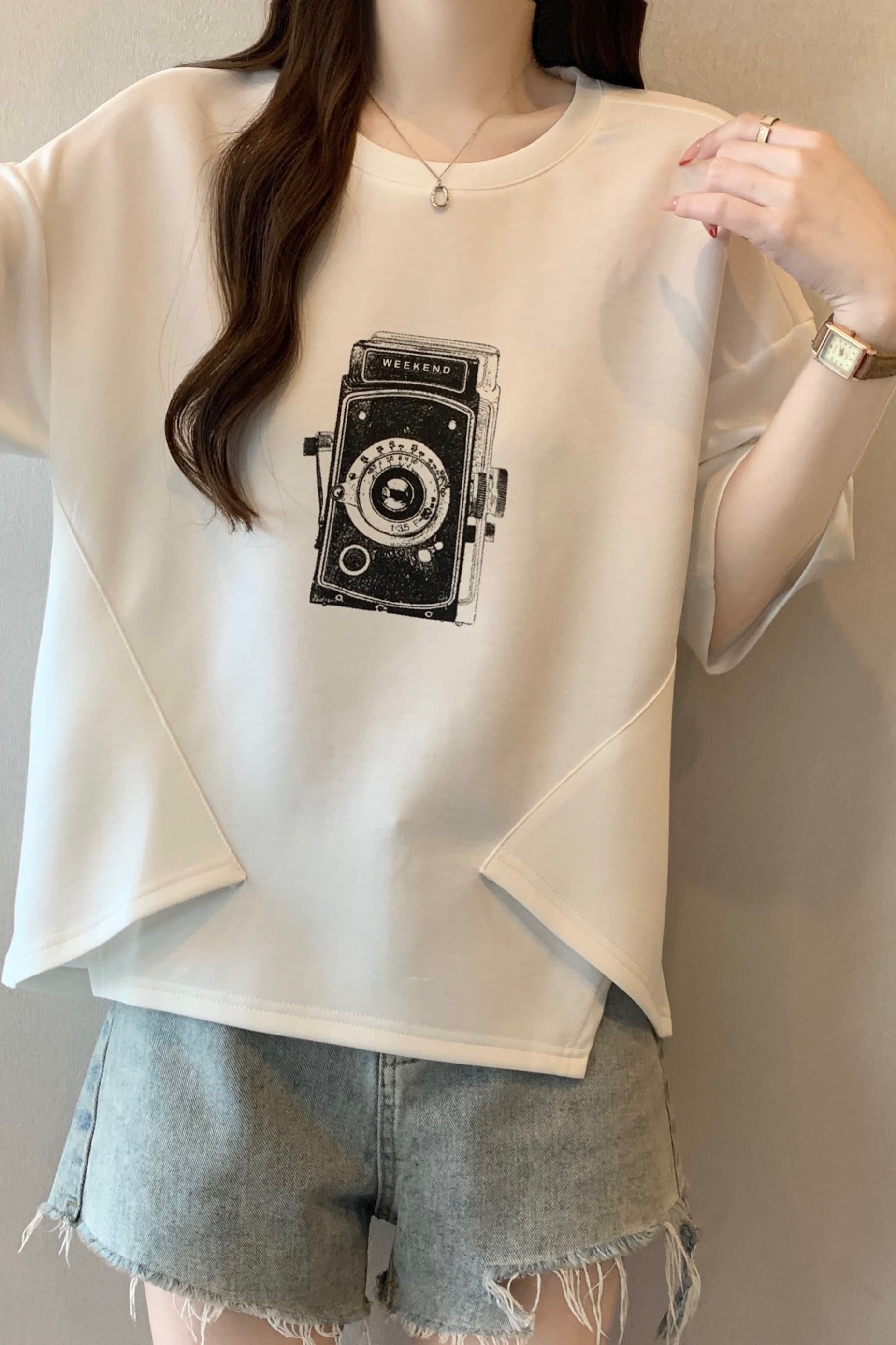 지방 mm 새로운 패션 프린트 패치워크 색상 불규칙 티셔츠 여성 루즈핏 슬림해 보이는 캐주얼 다용도 작은 대중 맨위 이미지 7
