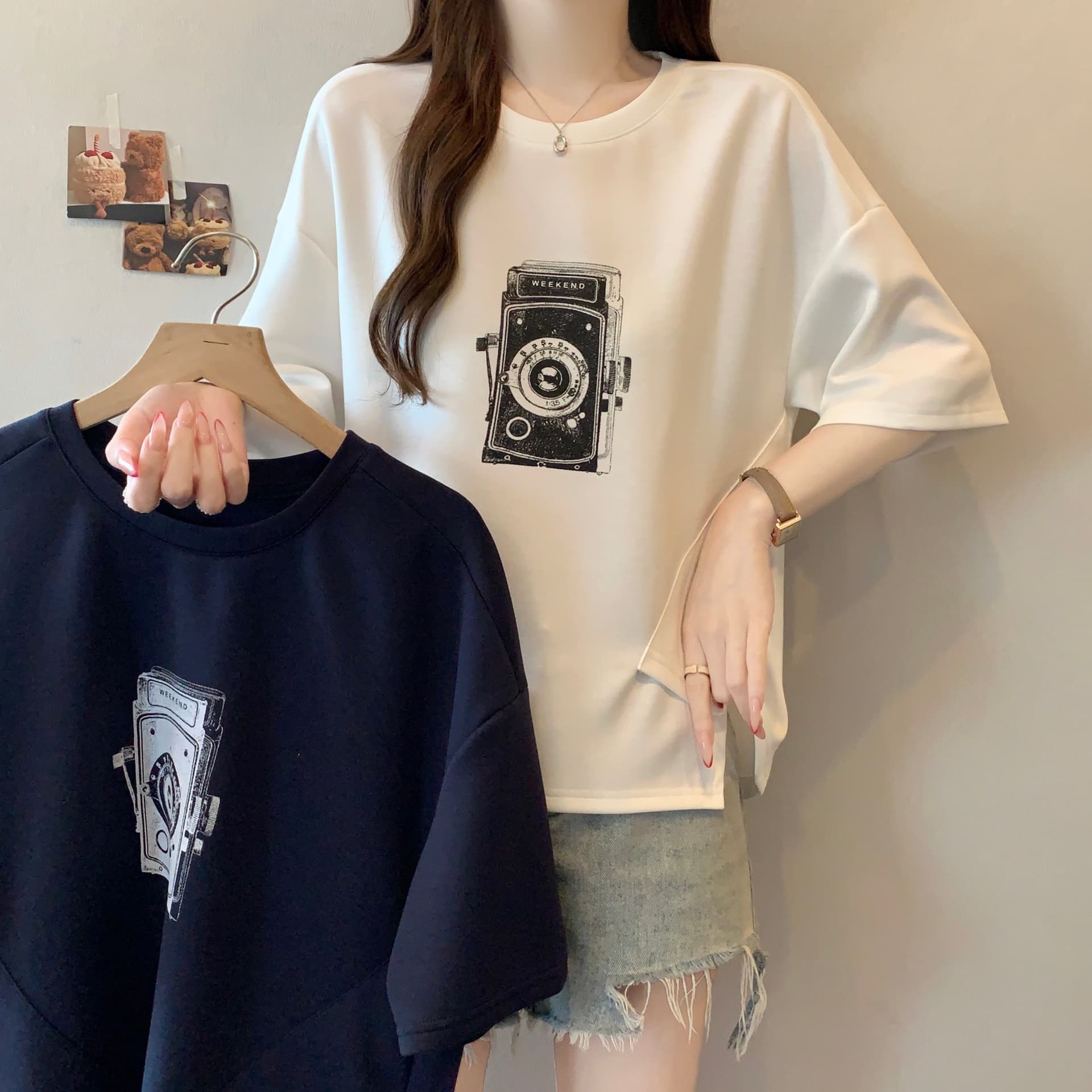 지방 mm 새로운 패션 프린트 패치워크 색상 불규칙 티셔츠 여성 루즈핏 슬림해 보이는 캐주얼 다용도 작은 대중 맨위 상세 이미지 1
