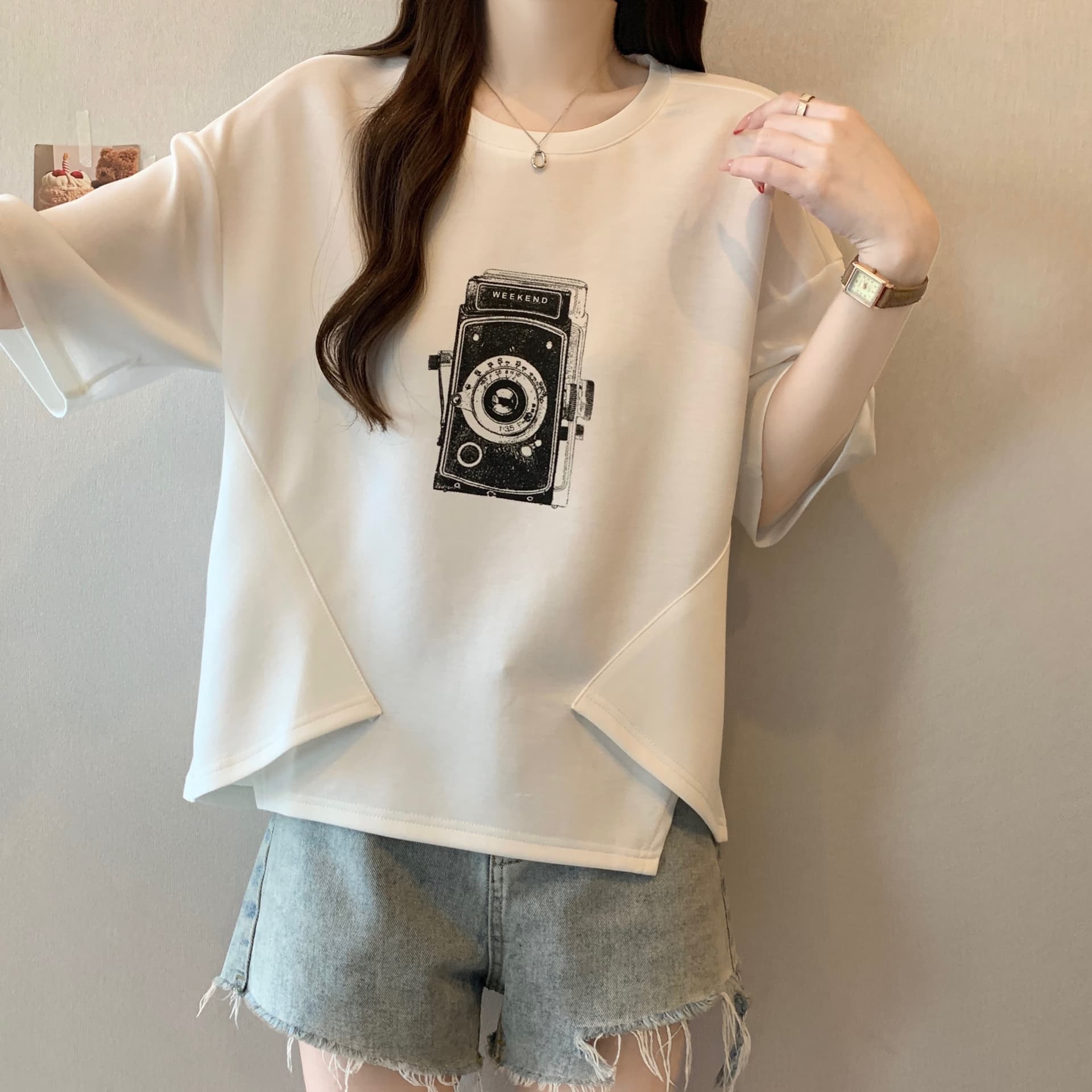 지방 mm 새로운 패션 프린트 패치워크 색상 불규칙 티셔츠 여성 루즈핏 슬림해 보이는 캐주얼 다용도 작은 대중 맨위 상세 이미지 5