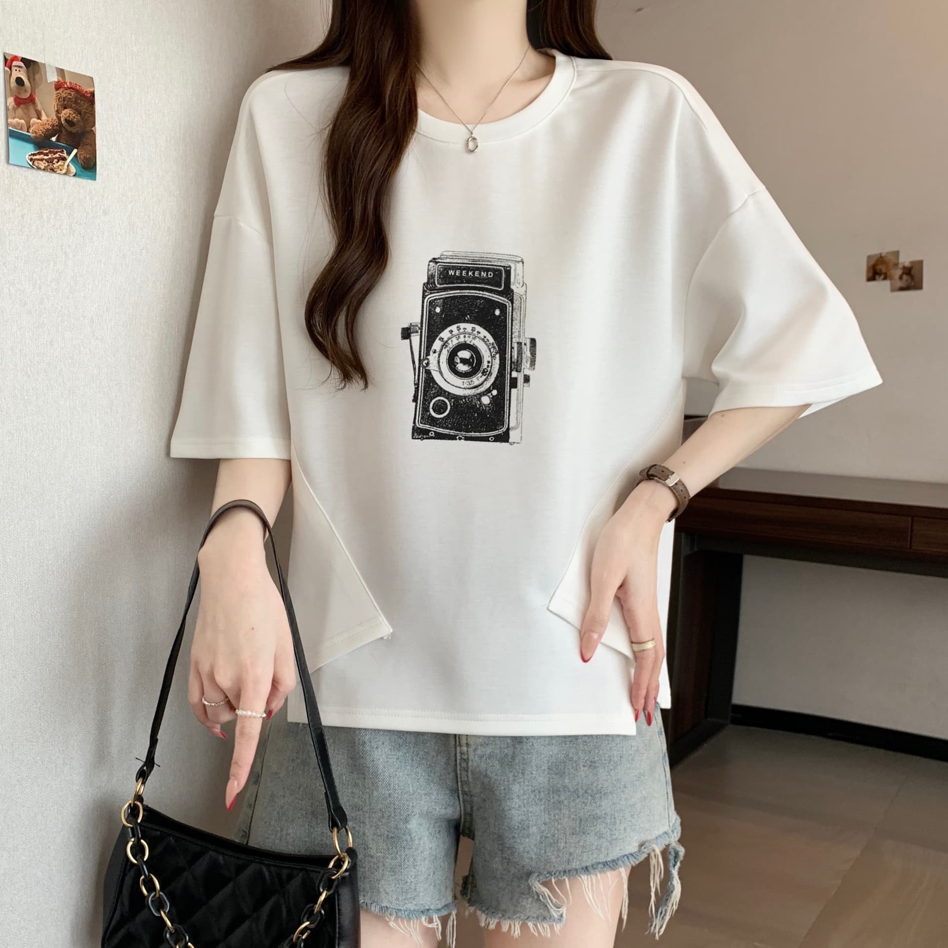 지방 mm 새로운 패션 프린트 패치워크 색상 불규칙 티셔츠 여성 루즈핏 슬림해 보이는 캐주얼 다용도 작은 대중 맨위 상세 이미지 8